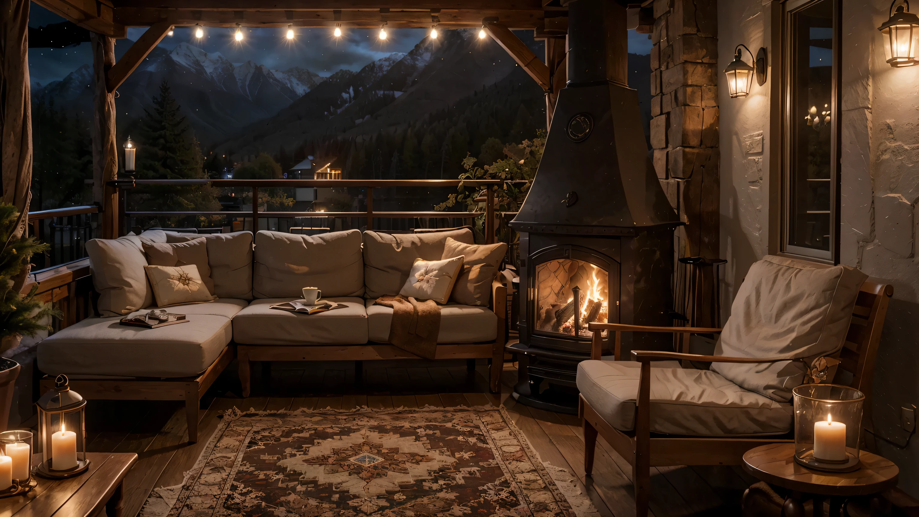 (balcony) outside coffee shop, winter mountain, one fireplace and bed, cozy place, books place, warm beautiful scene, cozy atmospheric, cozy environment, cozy setting, winter setting, cosy enchanted scene, very realistic, cozy atmosphere, cozy and peaceful atmosphere, cozy and calm, beautiful detailed scene, winter time, very very realistic, ✨🕌🌙, cozy wallpaper, unreal engine ; romantic theme