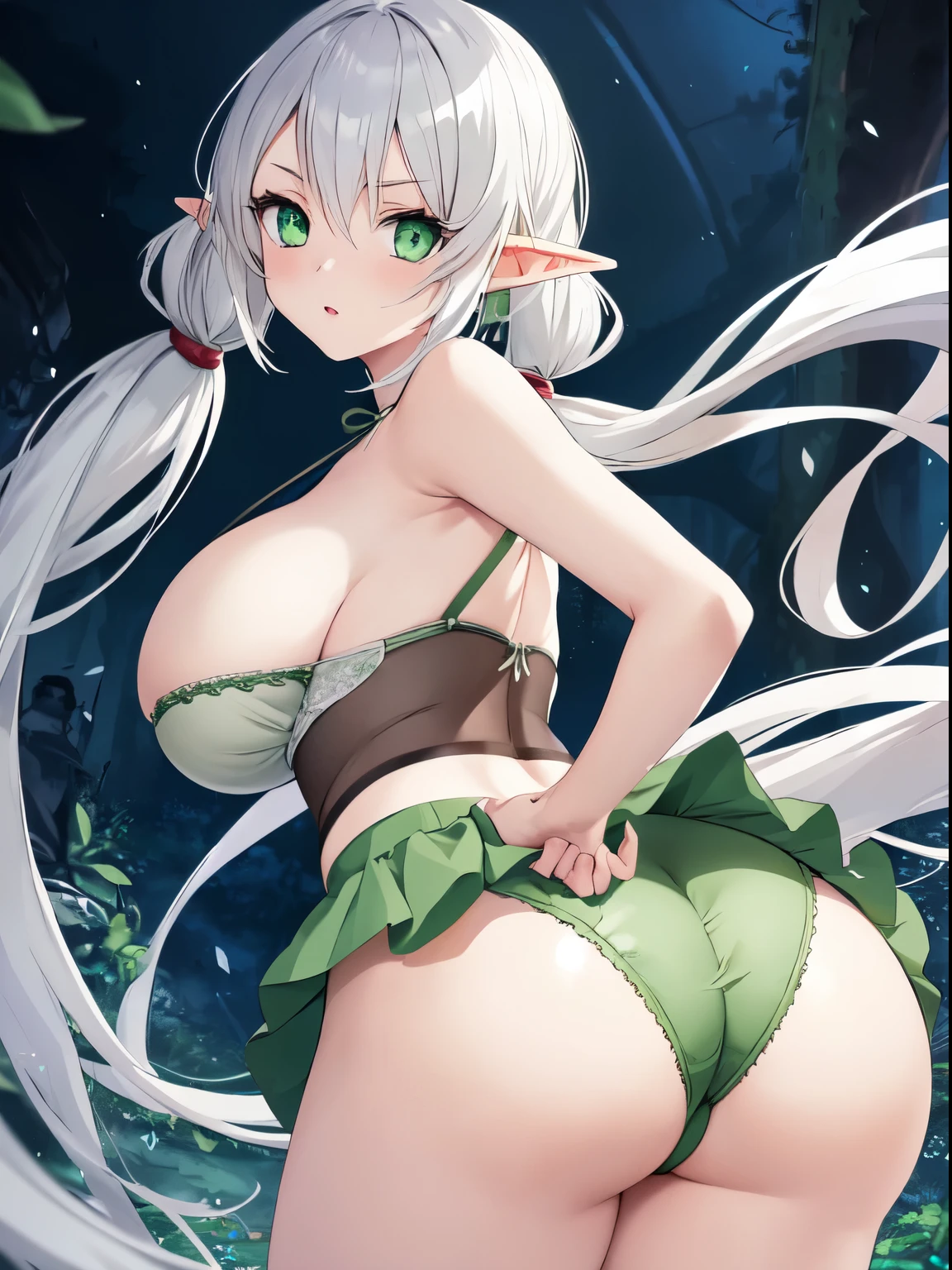 Frieren , anime, 1girl, ass, bra, thighs, silver_hair, twintail_hair, frieren, (frieren: Beyond_journey's_end), light_green_eyes, elf, big_breasts, tight_shorts