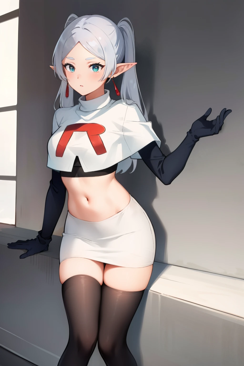 (masterpiece, best quality),  intricate details,
1girl,     frieren, long hair, pointy ears, jewelry, earrings, twintails, parted bangs, team rocket,team rocket uniform, red letter R, white skirt,white crop top,black thigh-highs,black elbow gloves