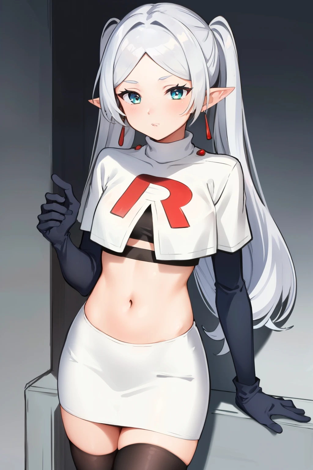 (masterpiece, best quality),  intricate details,
1girl,     frieren, long hair, pointy ears, jewelry, earrings, twintails, parted bangs, team rocket,team rocket uniform, red letter R, white skirt,white crop top,black thigh-highs,black elbow gloves