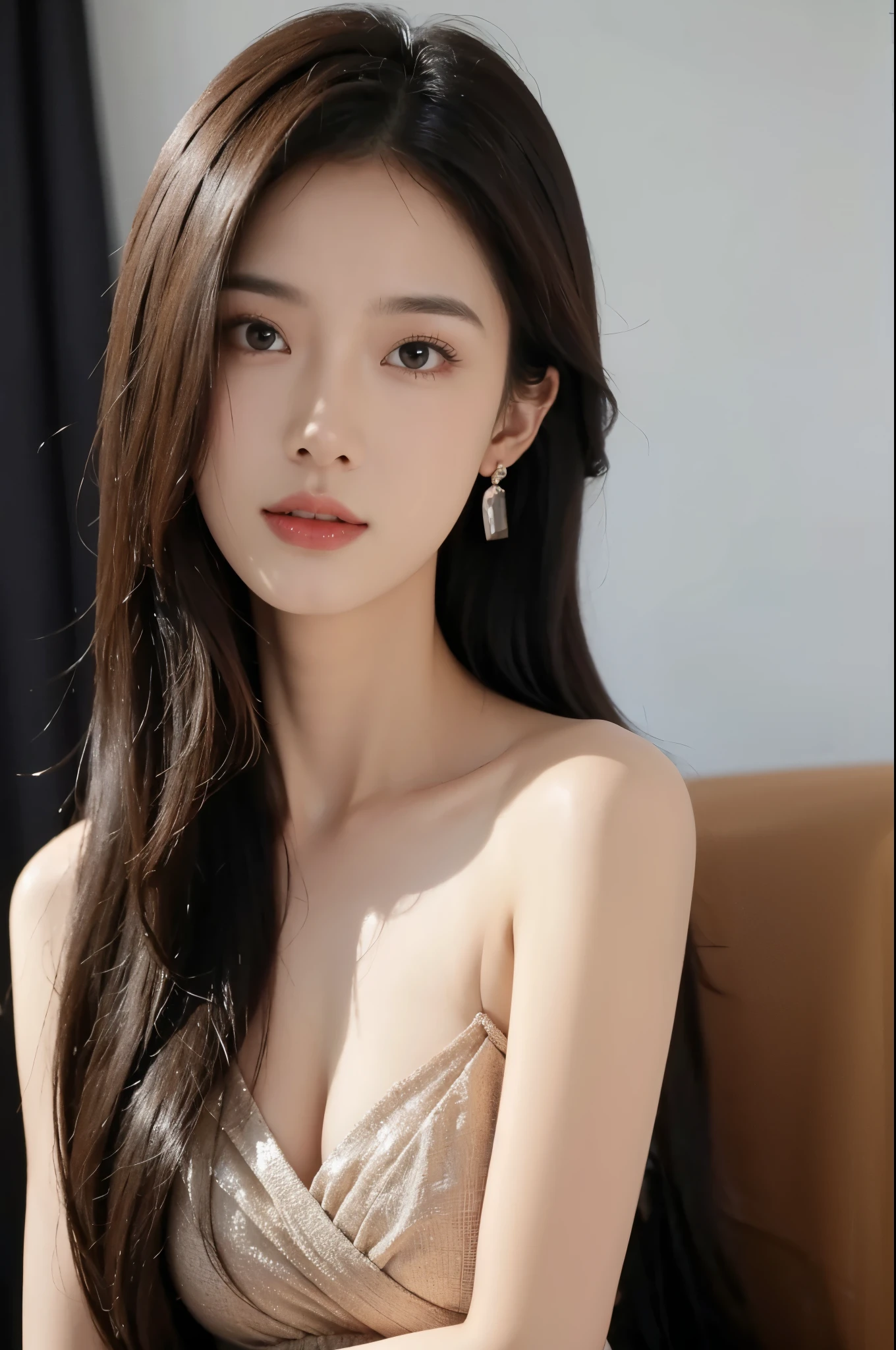 1girl,solo,realistic,jewelry,brown hair,brown eyes,cleavage,earrings,slender,lips,simple background,looking at viewer,long hair, makeup,fashion model,picture-perfect face,flowing hair,shiny skin,((fair skin:1.5)),(Shooting background board,photostudio),(simple),(masterpiece, top quality),master piece,professional artwork,famous artwork,(realistic,photorealistic:1.37),HDR,UHD,8K,ultra realistic 8k cg,8K,32k,HD,