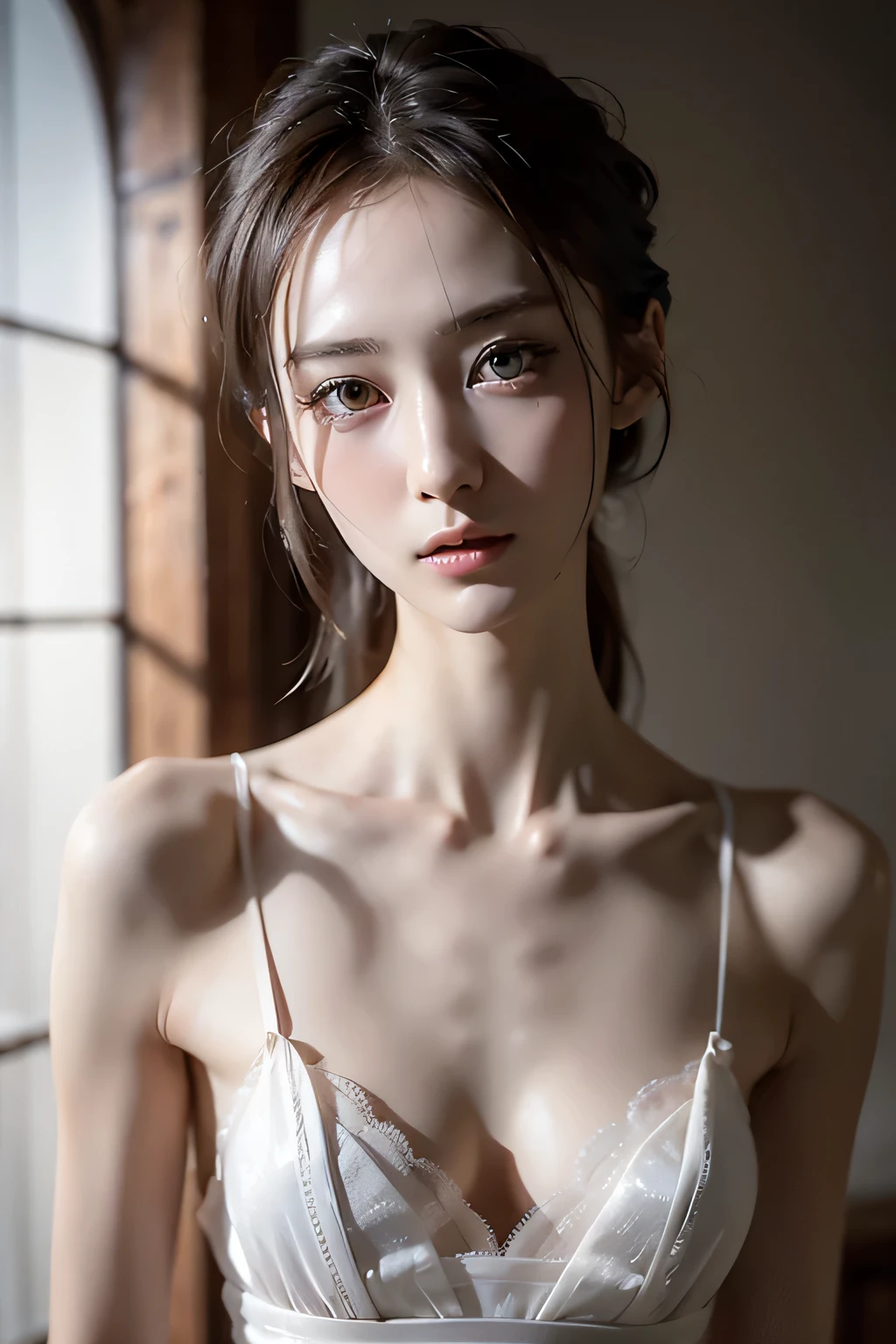 ８ｋ、High resolution、maid clothes fashion、beautiful girl、slender body、young、white skin,、narrow eyes,high nose,lighting that illuminates the face、clear image、intellectual beauty、skinny、no makeup、anxious look、lighting that illuminates the face,shining hair、single eyelid,cute pose