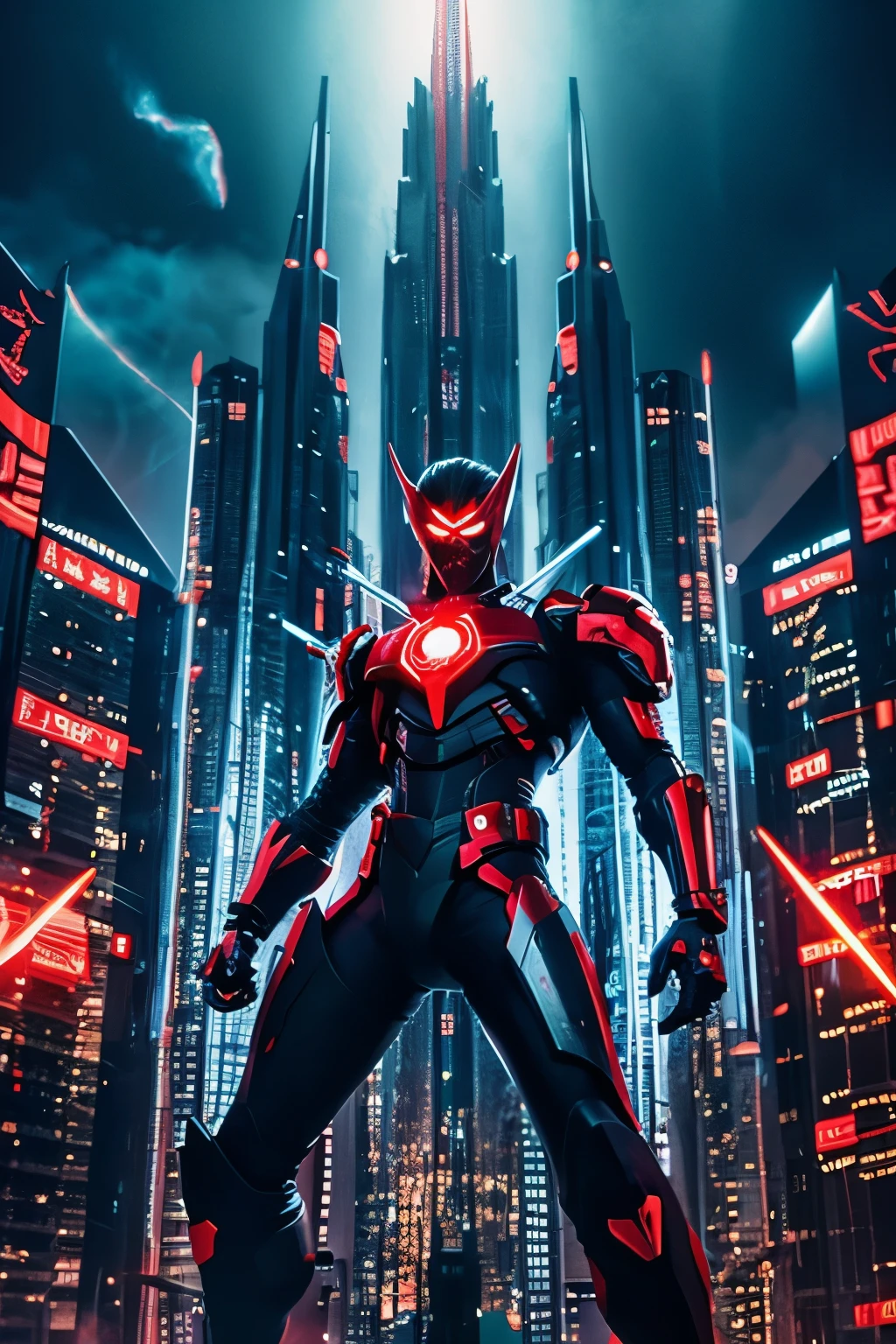 Fantasy live-action futuristic city Modified human black and red demon in aggressive pose with silver hair, quirky semi-mid haircut with demonic wings and distorted halo Expressionless face with decorated compass Equipped with personalized hourglass Created with digital art