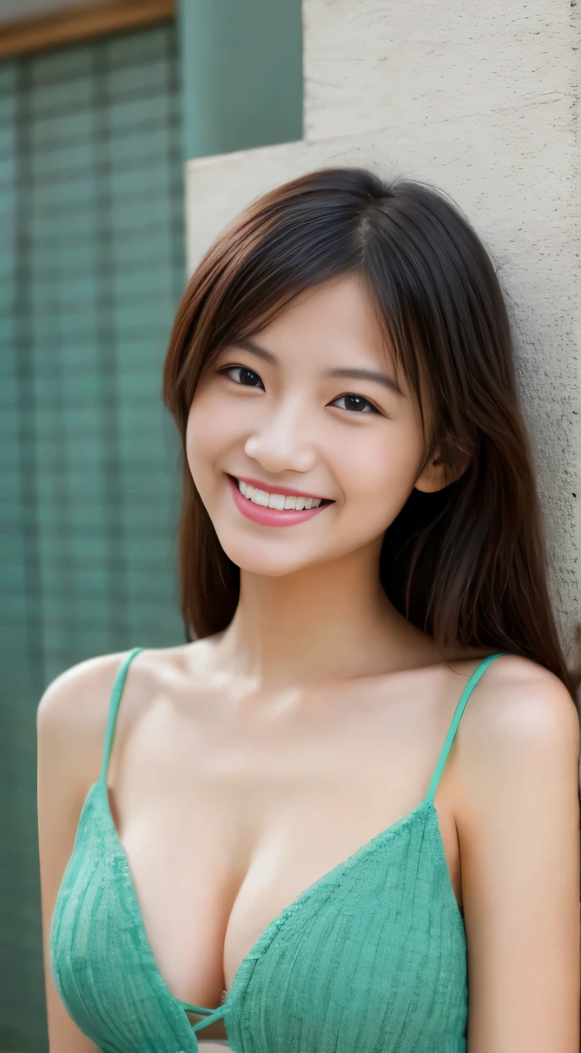 Japanese ),((beautiful girl)),cleavage,An expression that imagines something pleasant:1.2,(perfect body beauty:1.2),((perfect body)),(shy smile),beautiful teeth,