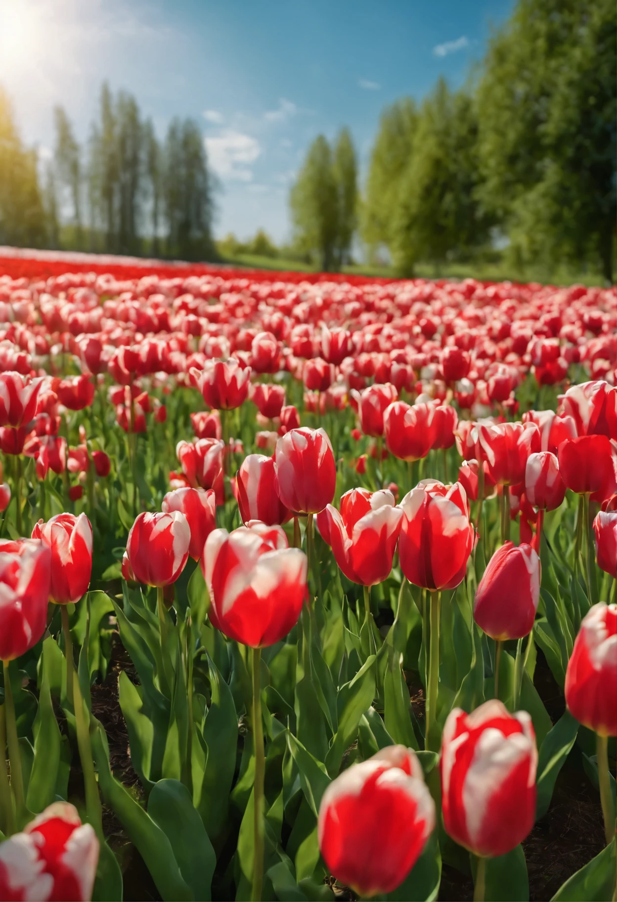 Tulip flowers in the foreground,medium green grass, The blue sky is white, Then go,natural light at noon,C4D style,masterpiece,8k