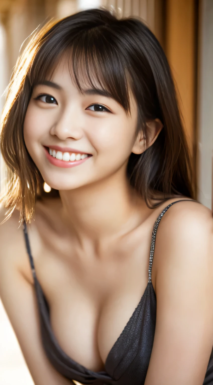 masterpiece,best quality,(Japanese ),((Beautiful girl)),cleavage,indoor,(perfect body beauty:1.2),(shy smile),beautiful teeth,