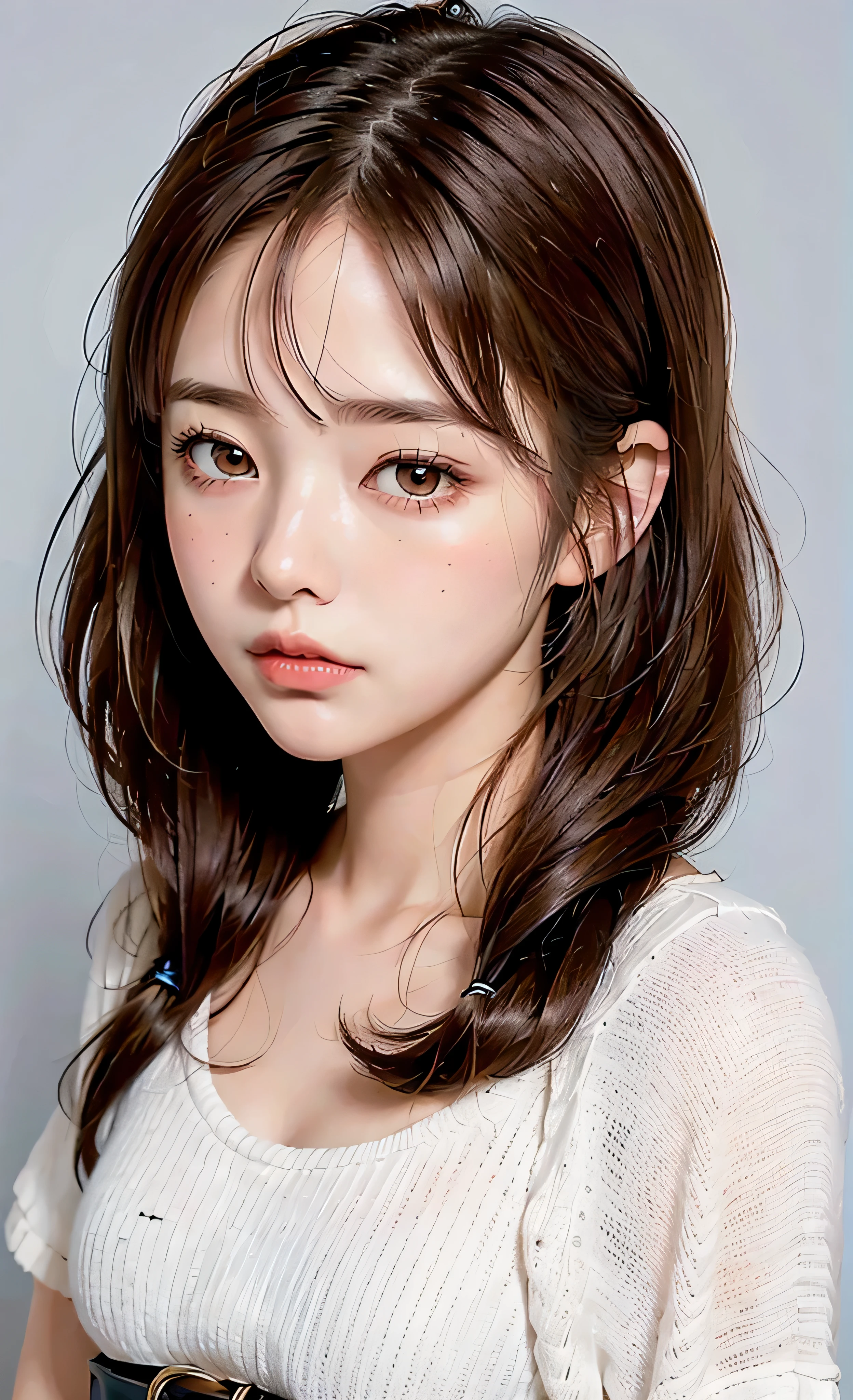 SeaArt Bot Variations 13:44:05 ((Masterpiece, Best Quality, High Definition)), 1 Girl, (Photorealistic: 1.4), Solo, White Background, Pure White Background, Mouth Closed, Happy Smile, Happy Smile, Pretty Black Hair, Short Hair, Big Eyes, Clear Double Eyelids, Eyelashes, Ears Out, Long Neck, Absolute Area, Skirt, ((Face Close-Up) ), (draw all head, shoulders), 19 years old, attractive proportions, shiny skin, clean collarbone, face in golden proportions, perfect face, tearful mole, mole on chest, bangs, clean bangs, lip gloss, thin lips, white skin, naked, big breasts