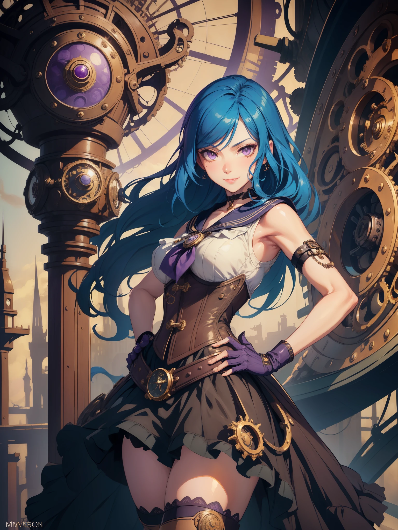 masterpiece, high quality, illustration, extremely detailed, steampunk town, standing, 1_women, (full body), (bright blue hair), medium length hair, cute bangs, flowing hair, (exotic skin_complexion:1.4),mature, tall, (hand on hip), (giving thumbs up), beautiful, exotic, elegant, slim, (((sailor collar))), sleeveless, black thigh highs, choker, medium bust, (brown steampunk corset), black ****ta style skirt, knee high brown boots with laces, black elegant elbow gloves, diamond shaped eyes, (((purple eyes))), dark_eyeliner, long_eyelashes), natural dynamic lighting, smiling, happy, (((winking at viewer))), steampunk