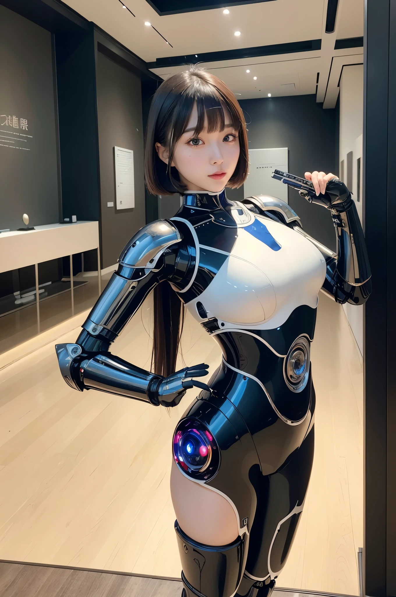 masterpiece, Best Quality, Extremely detailed, 8K portrait,Japaese android girl,Plump , control panels,Robot arms and legs, Blunt bangs,Charging spot,She has charged energy,She is exhibits,museum hall,blue eyes