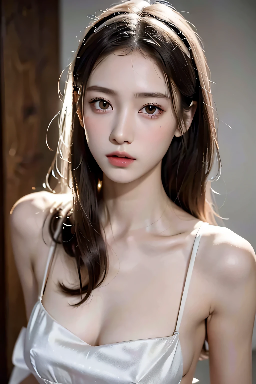 8k、High resolution、maid clothes fashion、beautiful girl、slender body、young、white skin,、narrow eyes,high nose,lighting that illuminates the face、clear image、intellectual beauty、skinny、no makeup、anxious look、lighting that illuminates the face,shining hair、single eyelid,cute pose