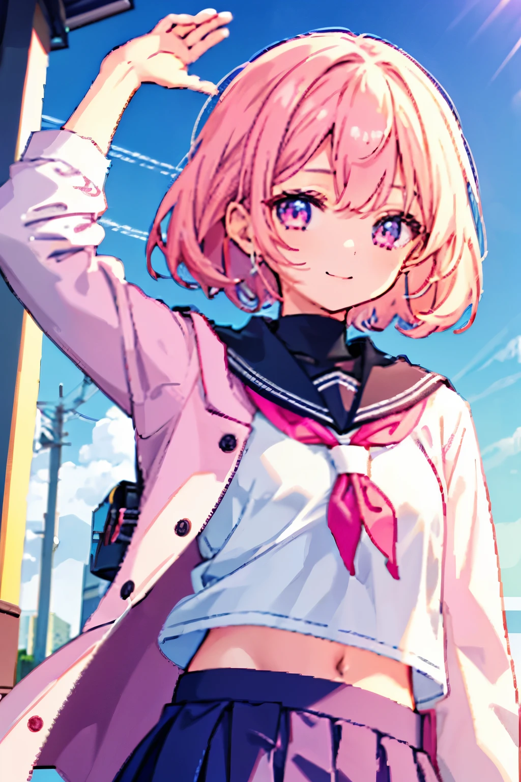 1girl in、A smile、The shirt、skirt by the、()Chilarism、Japan High School Student Uniform、serafuku、summer clothing、Upper body portrait、small arm lift, beautiful eyes, pink long sleeve winter coat, shirt lift, small navel expose