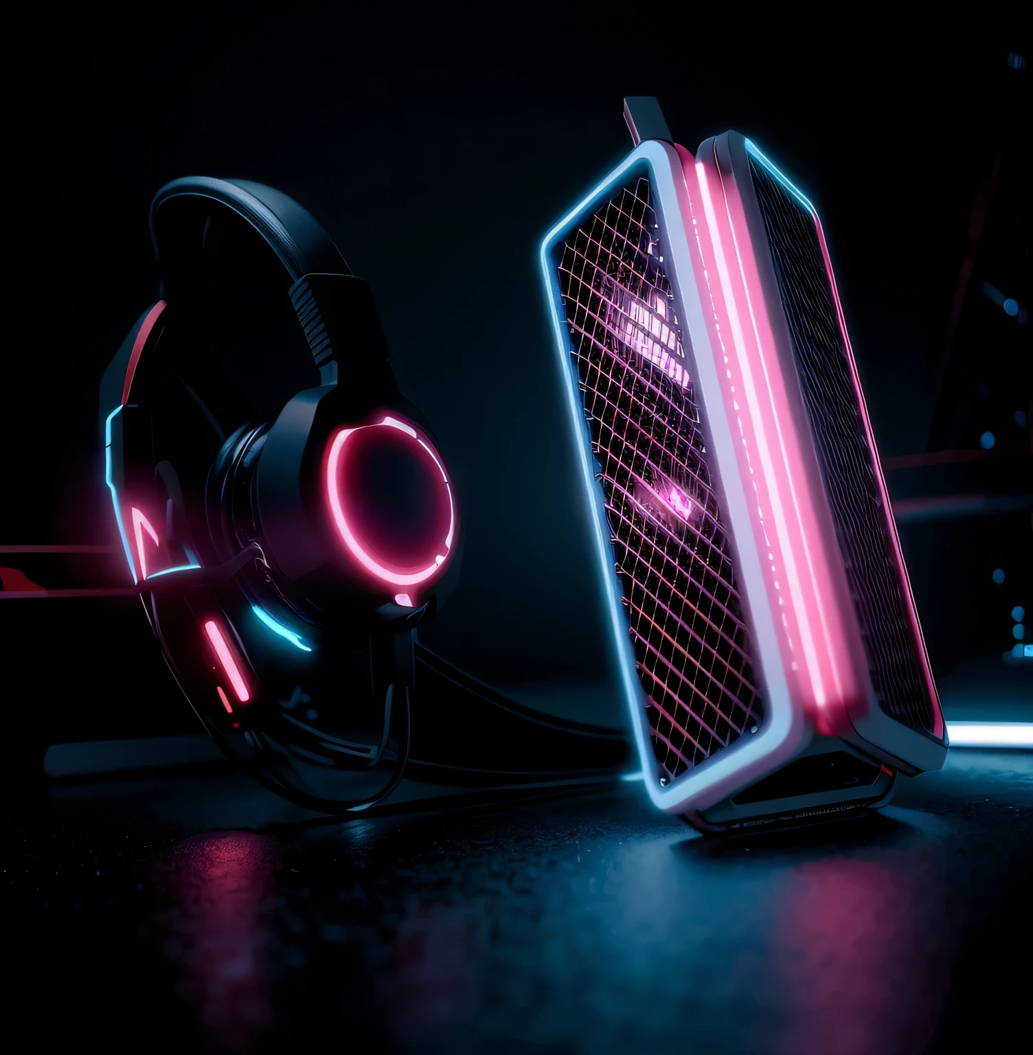 There is a chassis，There are headphones and microphone inside, 3 d Product renderings, Cyberpunk Headset, leadership game, Product renderings, Connect luminous tube 8k, Full of energy and vitality, High quality rendering, Cyberpunk accessories, Product design renderings, Neon scales and robots, Mechanical properties and neon lights, 3d 8k acetate rendering, artistic rendering