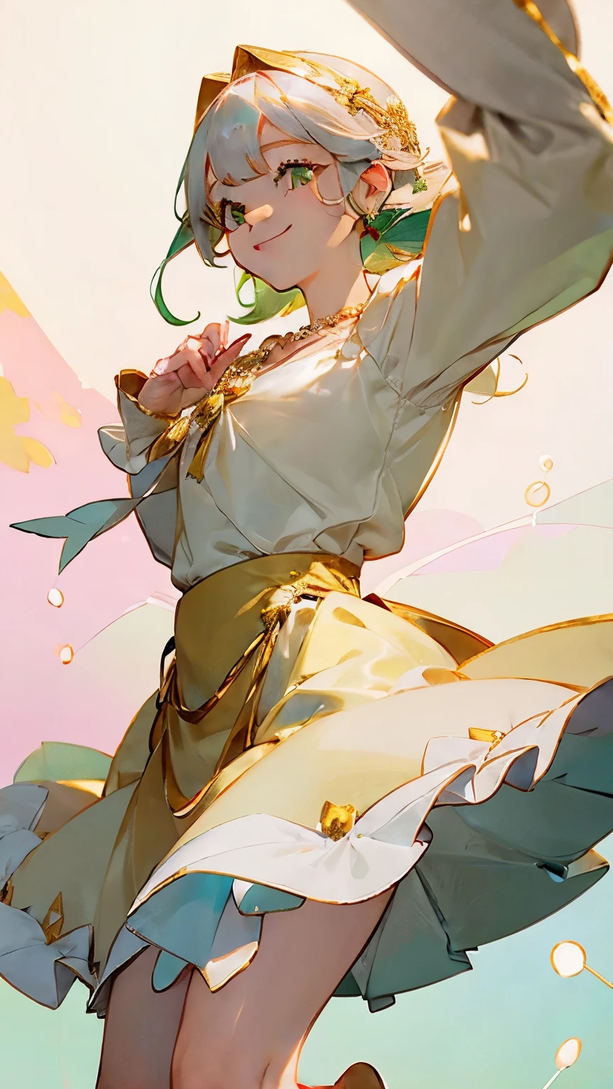 a girl wearing an elegant, toe-to-toe lolita style dress in white and gold, pastel pink hair, a pearl necklace, green eyes, and she is smiling, she holding hand with man with golden eye and silver hair. He wear prince attire with gold and white accesories, he smiling