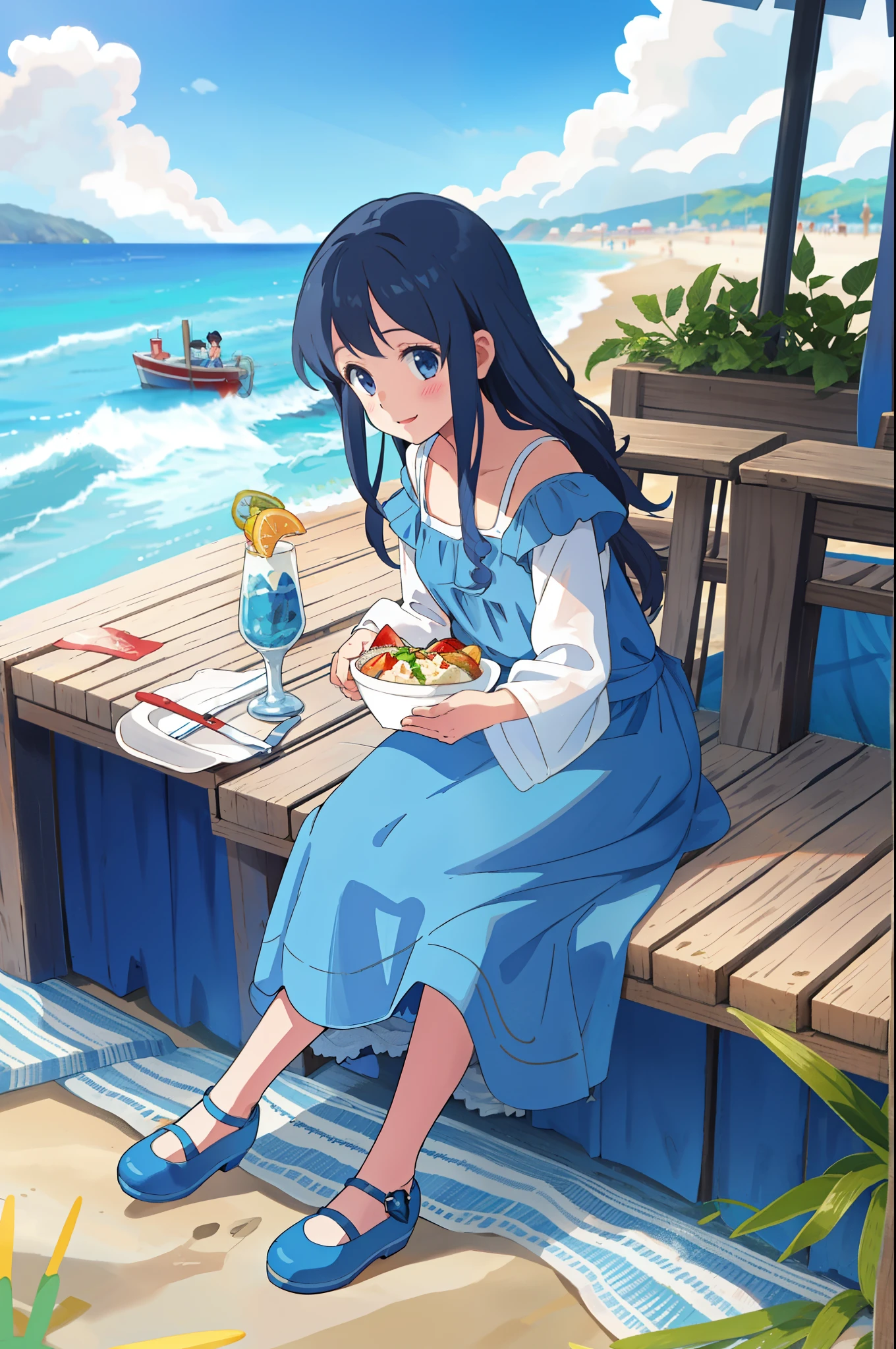 1 little girl,blue dress,long hair,curls,beach,seaside,Restaurant, for the audience,Positive face,Mary Jane shoes,summer