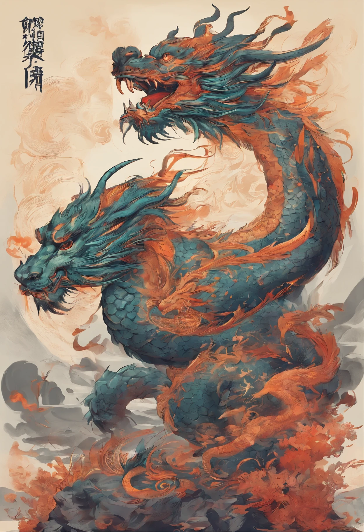 mythological creatures，（（Chinese mythological dragon）），Traditional Chinese elements，Ancient murals，Illustrative myths，Fuyao Legend，Dappled light，Hazy haze，mystical aura，tmasterpiece，k hd，Rich in color，Detailed details，Seven colors