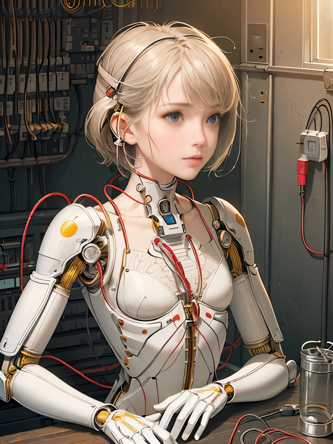 (((masterpiece))), (((highest quality))), ((super detailed)), (Highly detailed CG illustration), ((very delicate and beautiful)),(cute delicate face),cinematic light,((1 mechanical girl)),alone,whole body,(machine made joint:1.4),((mechanical limbs)),(exposed muscles),(blood vessels connected to tubes),(brain in a container:1.3),((mechanical vertebrae attached to the back)),((Mechanical cervical vertebrae attached to the neck)),((sitting)),No expression,(Wires and cables attached to the head and body:1.5),small breasts,short hair,(character focus),SF