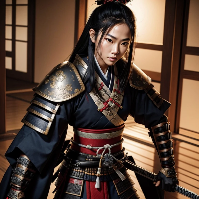 Realistic depiction of a Samurai warrior, woman, sexy outfit .