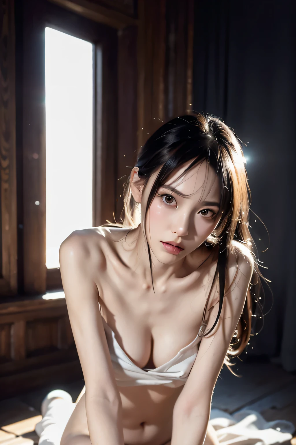 ８ｋ、High resolution、punk fashion、beautiful girl、slender body、young、white skin,、narrow eyes,high nose,lighting that illuminates the face、clear image、intellectual beauty、skinny、no makeup、anxious look、lighting that illuminates the face,shining hair、single eyelid,cute kneeling pose