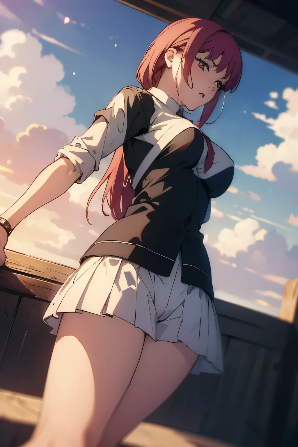 ((((masterpiece, high quality, ultrahigh resolution, 4k quality)))), 1girl, braided ponytail, red eyes, ringed eyes, red hair, medium breast, pink nipples, vagina, pubic hair, looking at viewer, outside, clouds, blue sky, sun