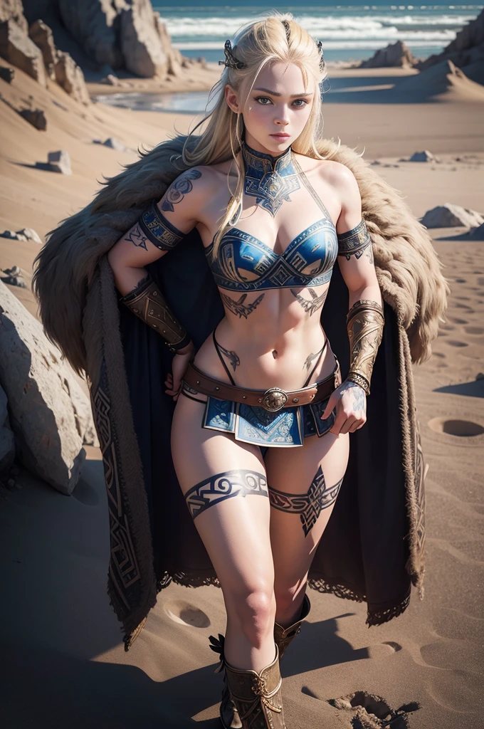 photo, icelandic girl beauty model , viking warrior costume (intricate , unique, expensive) , short platinium blonde , blue eyes ,full body action pose, tattoos on arms, legs and abdomen, clear face