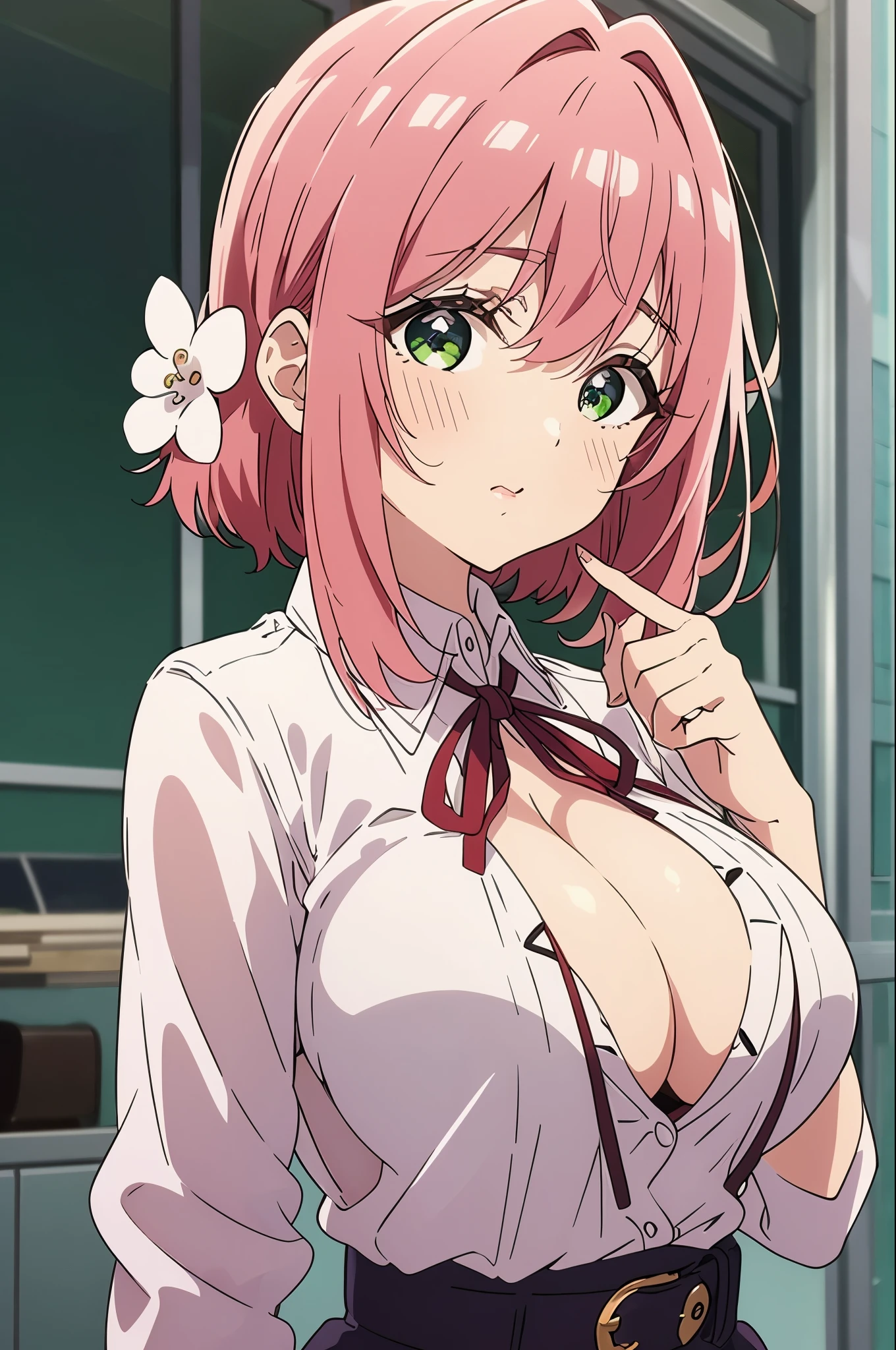 Permanently installed,White,(((She lifted her shirt, Reveal under her bra))).
èŠ±åªªªé¸é‡Œ,1 girl,alone,hair flower,pink hair,hair accessories,Bangs,hair between eyes,green eyes,bright瞳孔,hair intake,short hair,side lock,White的花,
Uniforms,collared shirt,red belt,neck strap,white shirt,purple jacket,big breasts,shirt,long sleeves,pleated skirt,mini skirt,Purple skirt,Thick thighs,, Beautiful visual effects, HD,masterpiece,the best quality,, 18 years old,young women,beautiful fingers,beautiful长腿,beautiful身体,beautiful鼻子,beautiful角色设计, perfect eyes, perfect Face,expressive eyes,
looking at the audience,
official art,Extremely detailed CG unified 8k wallpaper, perfect lighting,rich and colorful, bright_front_Face_light,skin shiny, 
(masterpiece:1.0),(the best_quality:1.0), 超high resolution,4k,Super detailed,
photography, 8k, high dynamic range, high resolution, Ridiculous:1.2, Kodak Portrait 400, film grain, blurred background, Bokeh:1.2, lens flare, (Energetic_color:1.2), (beautiful_Face:1.5),(narrow_waist), ,NSFW,