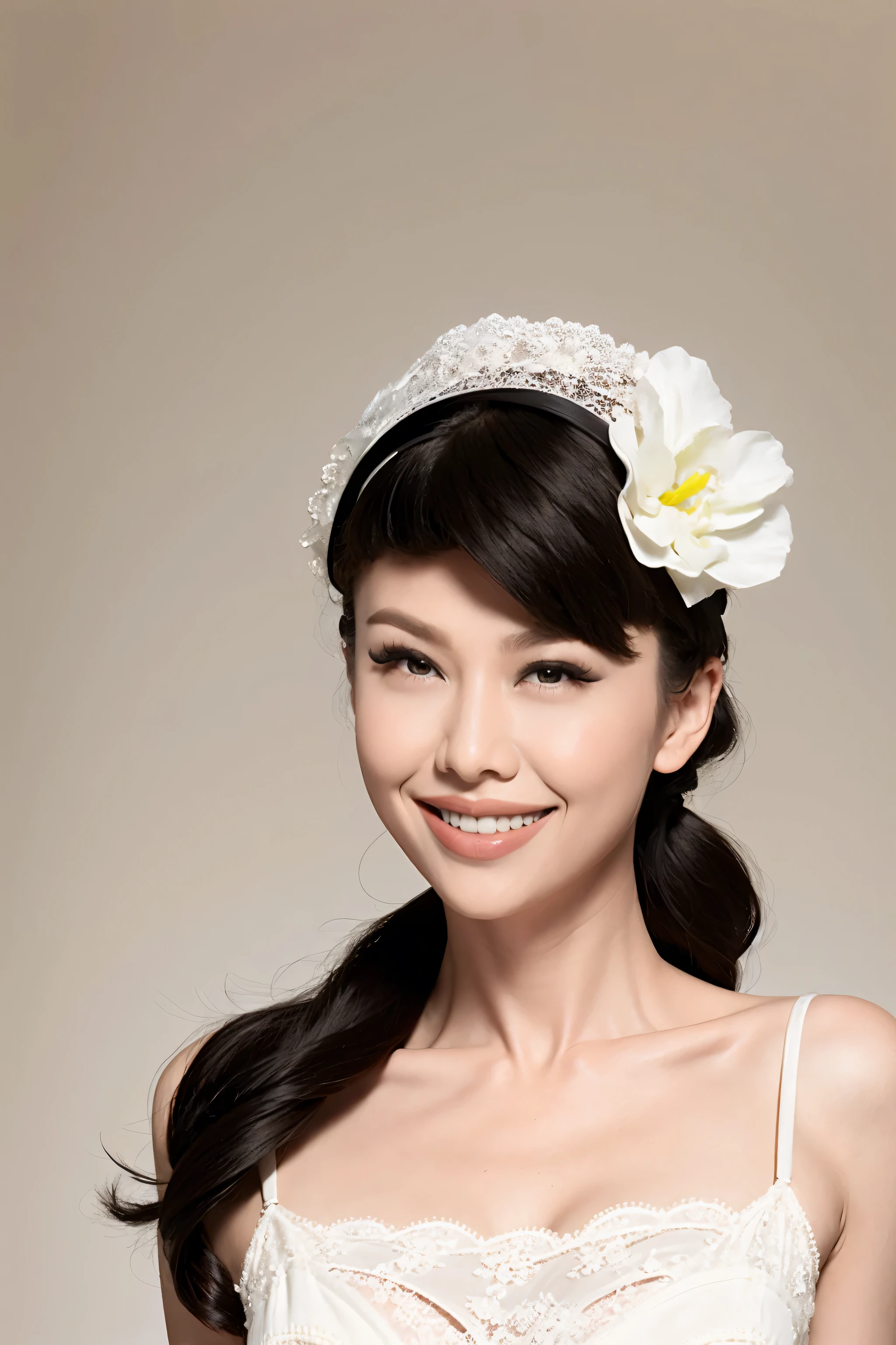fashion model 20 years old [[[[close up]]]], [[[[neck]]]], [[[[Shoulder]]]], perfect eyes, perfect iris，perfect lips，perfect teeth，Perfect skin，White skin，Soft headlight，High Density Imaging Review，long black hair，（Face is clear and delicate），((white lace underwear))，((Sexy))，(((charming smile)))，((Half body photo))，((The background is the bedroom))，((Deluxe king bed))，best quality，masterpiece，（pastel colors：1.2）