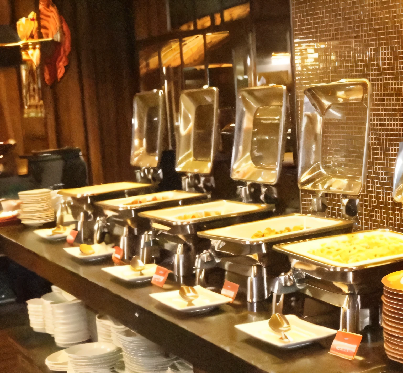 there are many plates of food on the counter in the restaurant, overflowing feast buffet table, breakfast buffet, warm and joyful atmosphere, yummy, look at the details, dessert, a wide full shot, sun is shining, ready to eat, food, regular sized, medium close shot, full - body, full-body, hot food, grand, high details!