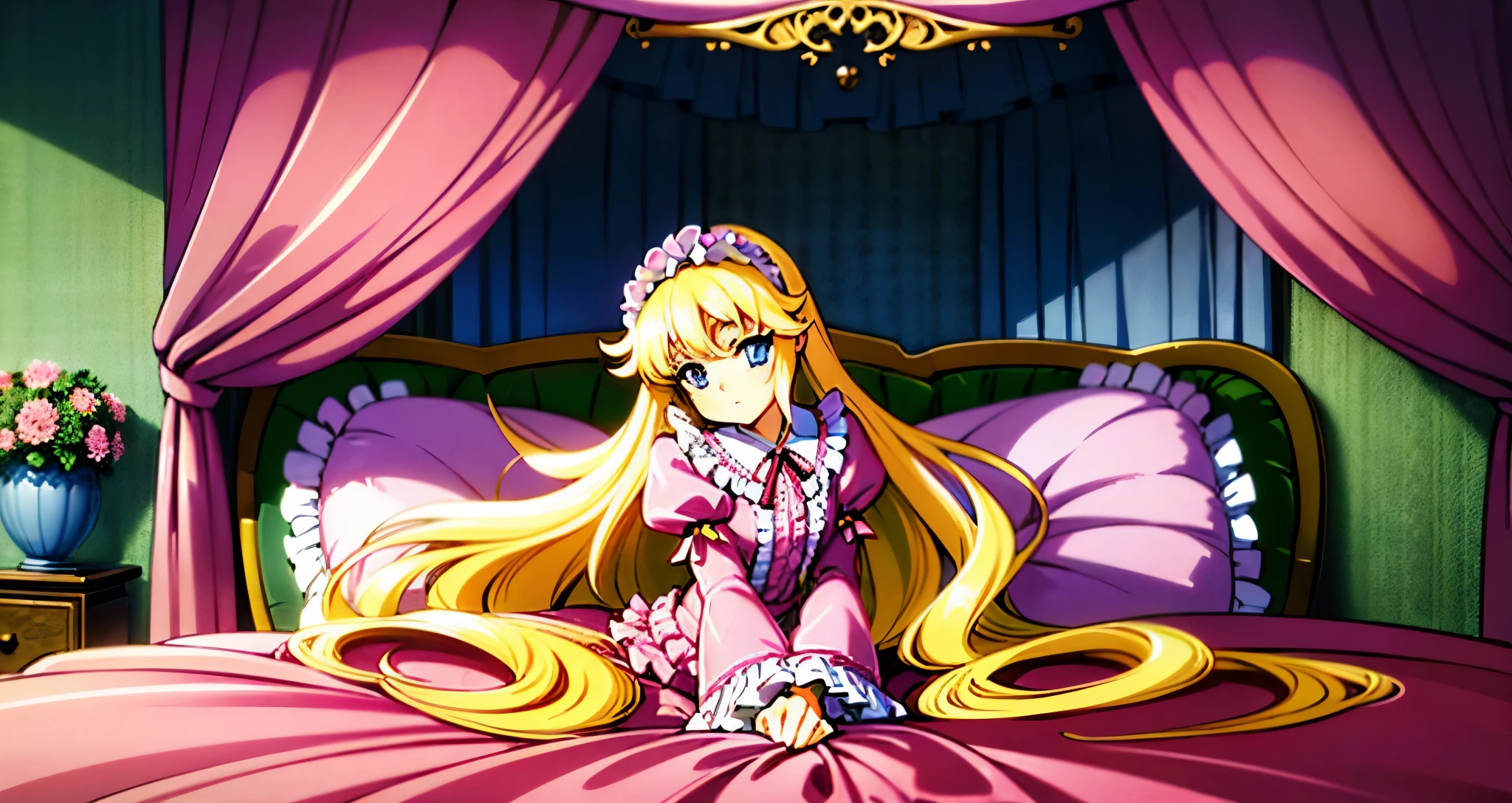 ,highest quality, masterpiece, highest resolution, artwork, super それにget used to it, many get used to it, get used to it, それにget used to it, 3K anime illustration,(( 10 year old girl)),Super detailed baby face,high quality small face,long blonde hair that grows to the waist,blue eyes,白い肌のeuropean,pajamas, european,(((super long blonde hair))),curly hair,blue eyes,((((ピンクのロリータファッションのlong skirtのワンピースドレス)))),((Pink dress with plenty of frills and ribbons)),((Luxurious headdress with frills and ribbons)),Detailed headdress,,(((big yoke collar))),Yoke collar with ruffles and ribbons,((((long sleeve)))),ruffle sleeves,((((long skirt)))),white ruffle and lace socks,large frill and ribbon pillow,(((fine pink costume))),豪華なcanopy bedの上,canopy bed,The bed is surrounded by luxurious curtains,many frilly pillows on the bed,A lot of frilly pillows behind the girl,super detailed background,detailed bed,soft pink comforter,Super detailed soft ruffle pillow,Beautiful girl illustration,detailed beautiful face,detailed hair,detailed eye ,detailed eyes,Detailed eye highlights,detailed mouth, arm details,fine hands,Detailed pillow,wide bed,Illustration on the bed, ,((((round futon)))),((((A large ruffled futon that covers the entire bed)))),detailed comforter,detailed bedシーツ,Before bedtime,romantic atmosphere,palace bedroom,((((The lower half of the body is hidden under the futon and the puffy skirt...)))) The girl is leaning on a pile of pillows, ,((((round futon)))),((((A large futon with frills that covers the entire bed)))),