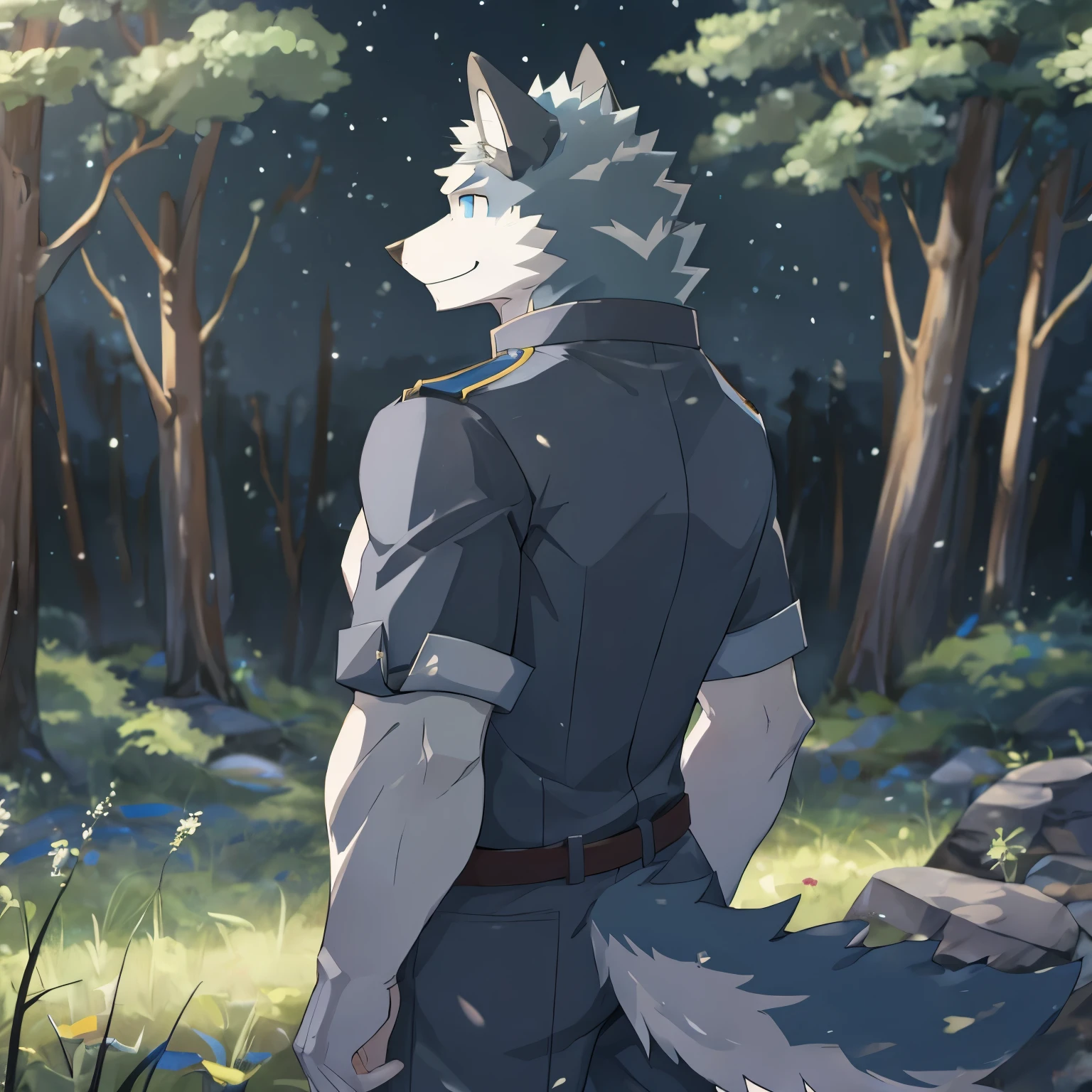 (best quality),(masterpiece:1.2),blue eyes,light white fur,blue fur,hairy,alone,Profile picture,Humanity (Wolf),male,whole body,back,back view,look back,watching_exist_audience,Smile,Laid back,On a walk,relaxed,Tall and skinny,两只手放exist口袋里,night,in the forest,sharp focus,dynamic poses,motion blur,best shadow,animation art