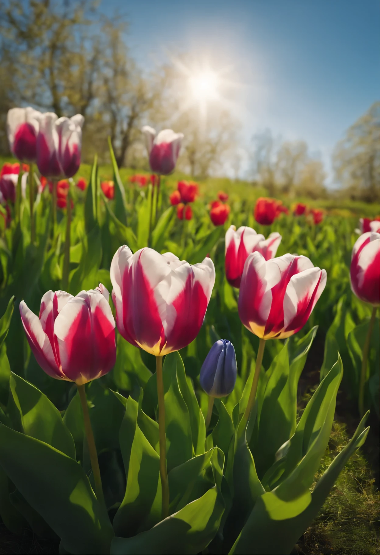 Tulip flowers in the foreground,medium green grass, The blue sky is white, Then go,natural light at noon,C4D style,masterpiece,8k