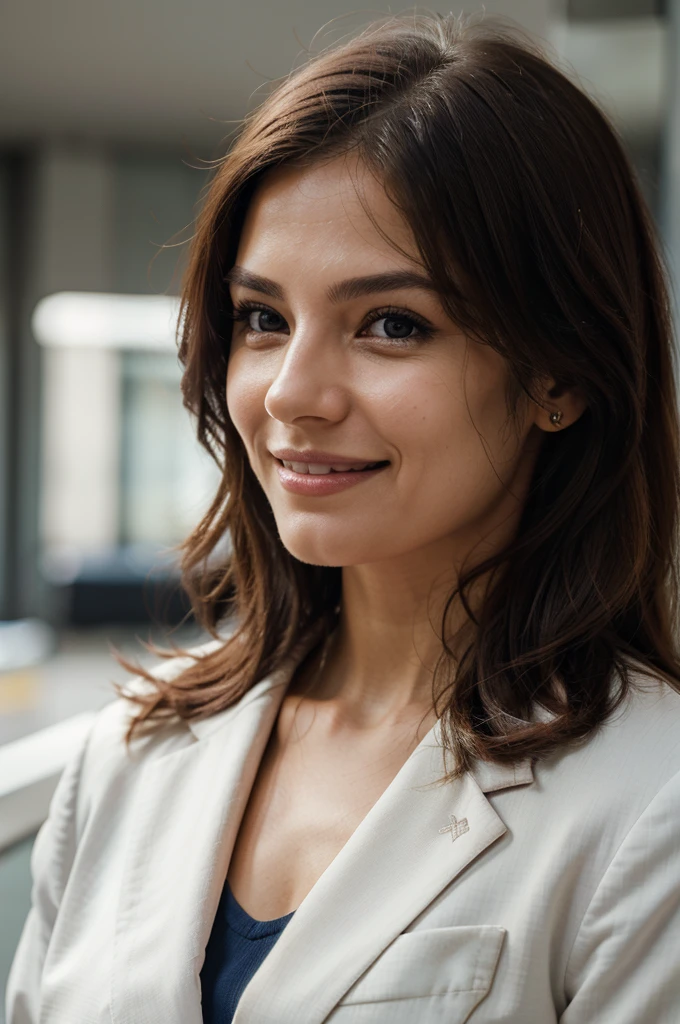 best quality,portrait,woman in a suit,profile pic,official,smiling,focused gaze,candid picture,looking at viewer,neutral background,crisp details,professional lighting,sharp focus,vibrant colors