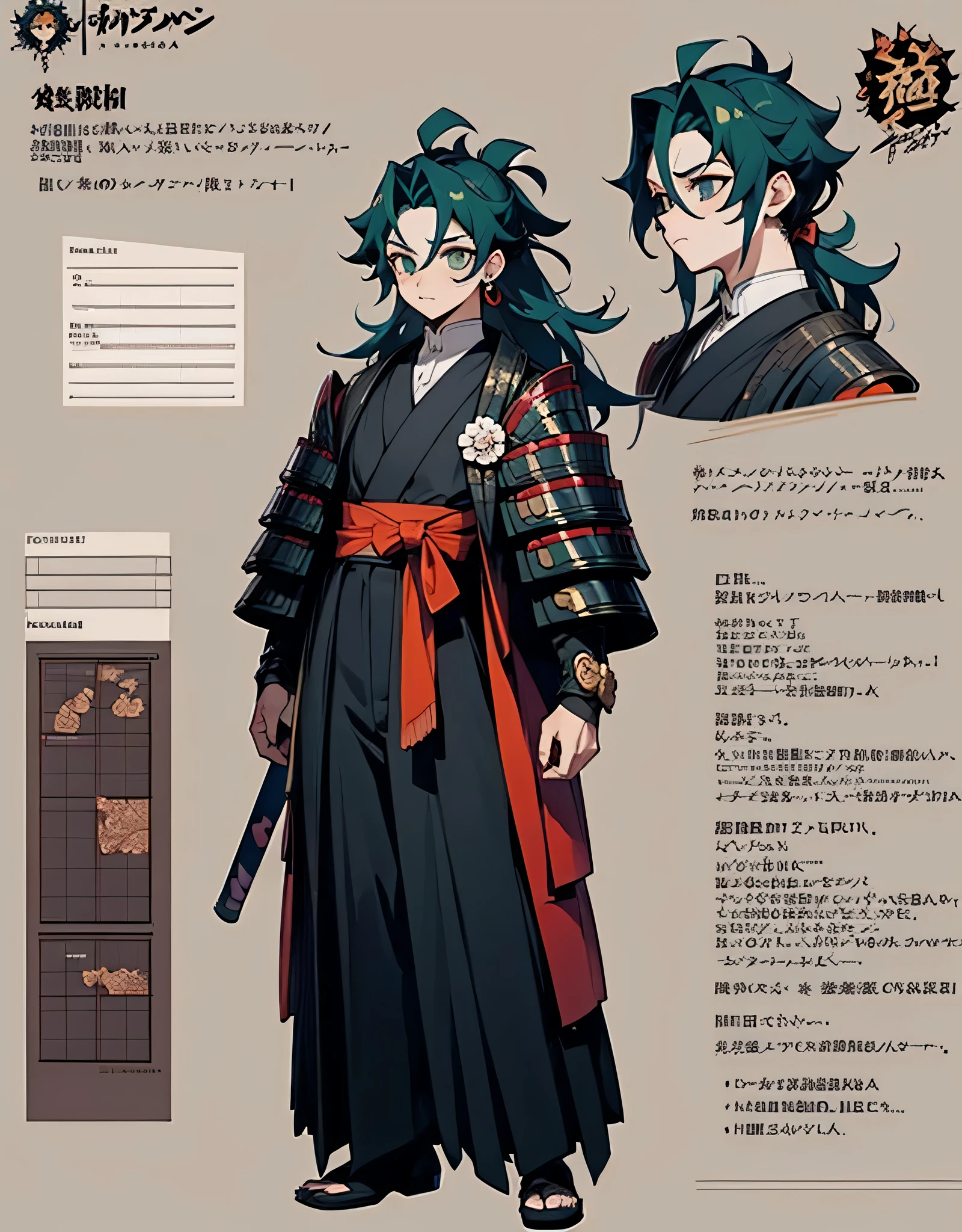 1 man, character sheet, concept art, full body, adult man, \(kimetsu no yaiba\), long straight haired, kimono, samurai armored