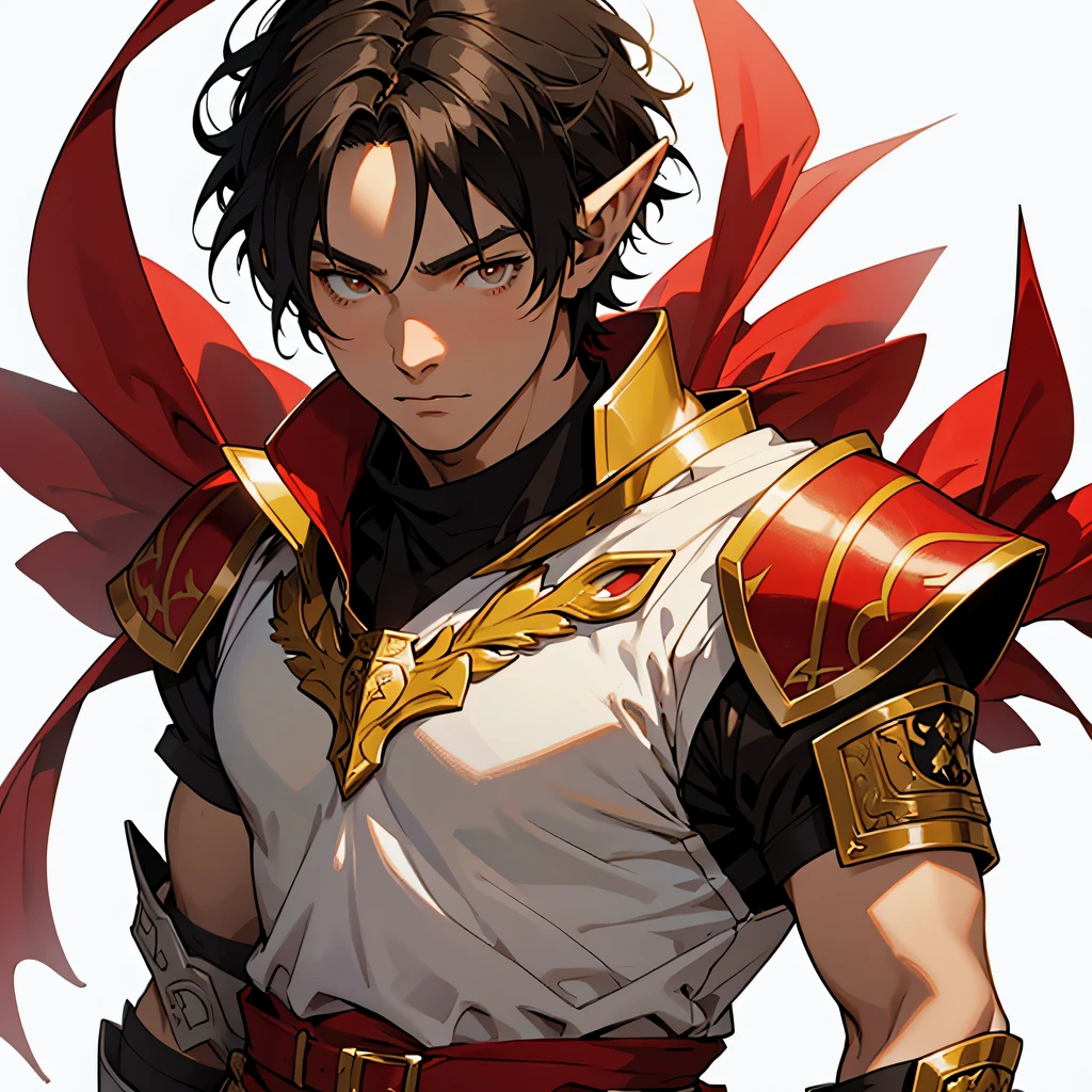 medieval anime art, masterpiece, best quality, by professional artist, male, solo, upper body portrait, detailed composition, detailed eyes, (((white background))), Asian, short black hair, brown eyes, elf, wearing red and yellow armor