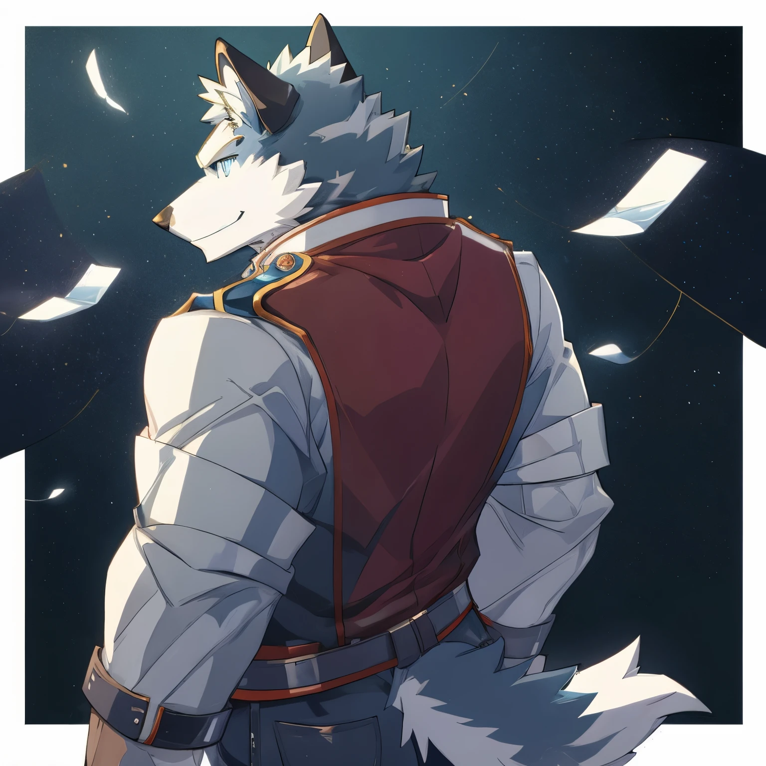 (best quality),(masterpiece:1.2),blank background,blue eyes,light white fur,blue fur,hairy,alone,Profile picture,Smile,Humanity (Wolf),male,whole body,back,look back,Tall and skinny,hand on pockets,sharp focus,dynamic poses,motion blur,best shadow,animation art