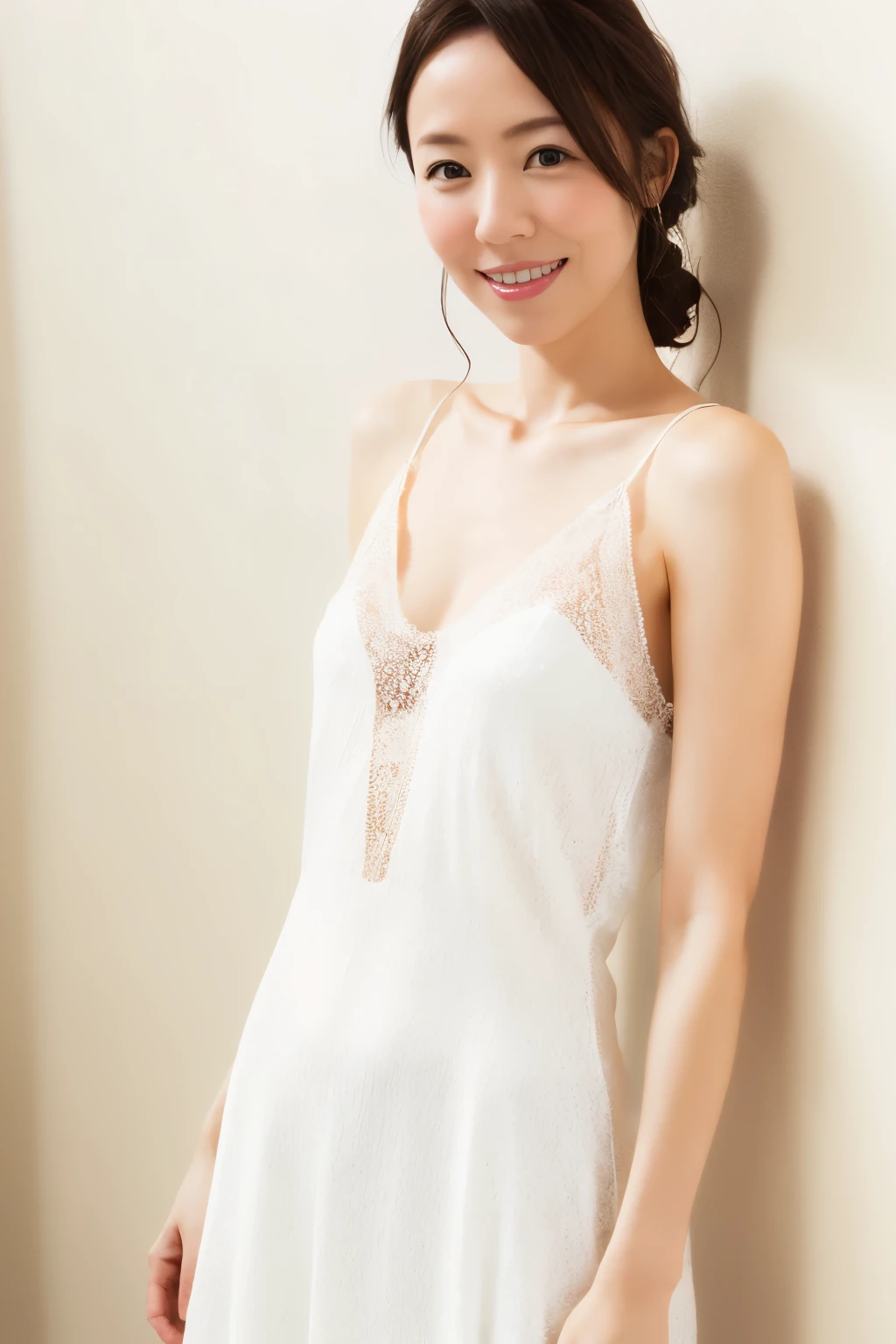 1girl, ((solo)), smiling (0.7), white elegant sexy negligee, crystal clear White skin,hair down, kindly smiling
