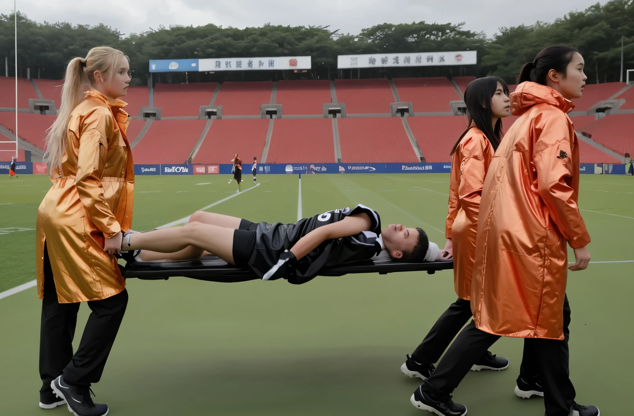 Soccer player is taken away on a stretcher, There is a man lying on his back on a stretcher with his hands grabbing his hurting leg, a man in a t-shirt and sports shorts has put his hands on his injured leg, the man has an agonised face looking to the sky, two horny looking longhaired and ponytailed women that are wearing very shiny coats, there are longhaired women with horny faces wearing laquered puffy coats, longhaired women are walking in wetlook puffy coats, several women walking around a football field with an injured athlete on a stretcher, the injured athlete on the stretcher is grabbing his injured leg with both hands, the women look very worried, behind the women there is a frightening atmosphere, there is heavy rainfall in the background, video still, behind the scenes, pity, china, erotic, horny, drama, very shiny orange vinyl fabric