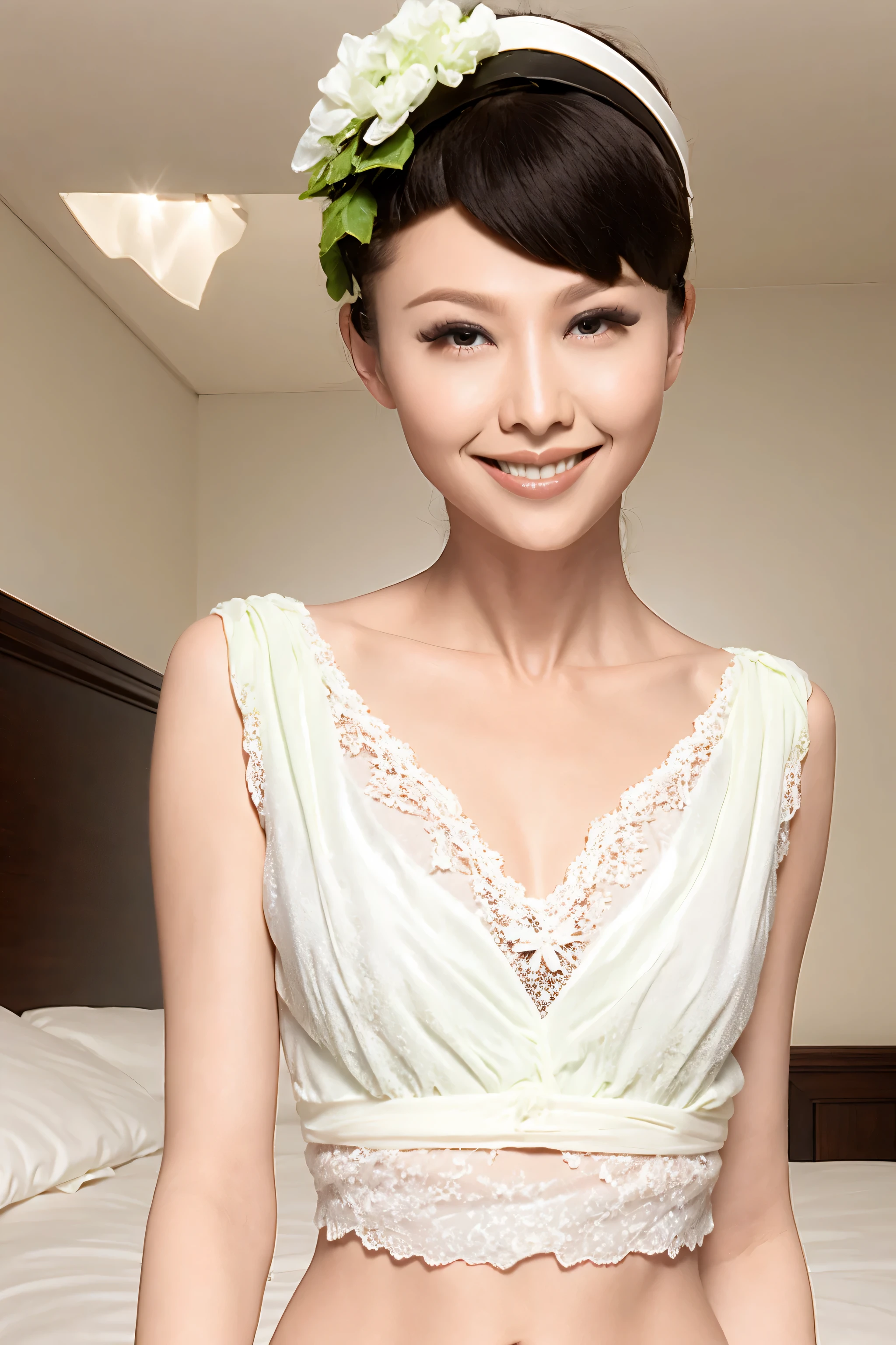 fashion model 20 years old [[[[close up]]]], [[[[neck]]]], [[[[Shoulder]]]], perfect eyes, perfect iris，perfect lips，perfect teeth，Perfect skin，White skin，Soft headlight，High Density Imaging Review，long black hair，（Face is clear and delicate），((white lace underwear))，((Sexy))，(((charming smile)))，((Half body photo))，((The background is the bedroom))，((Deluxe king bed))，best quality，masterpiece，（pastel colors：1.2）