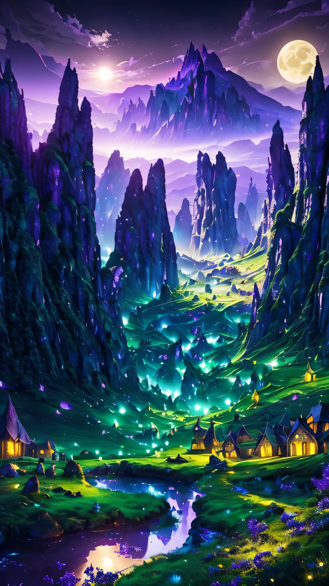 A fantastic and fantastic landscape spreads out where the side mountains are divided in half by a ditch., Surrealist landscapes, Mysterious night, bright full moon, magic light , neon light, magic of light, mysterious knight, (purple lights,green, yellow), professional photos,(masterpiece),(surreal),(Super detailed),(better quality),(perfect symmetry:1.3)