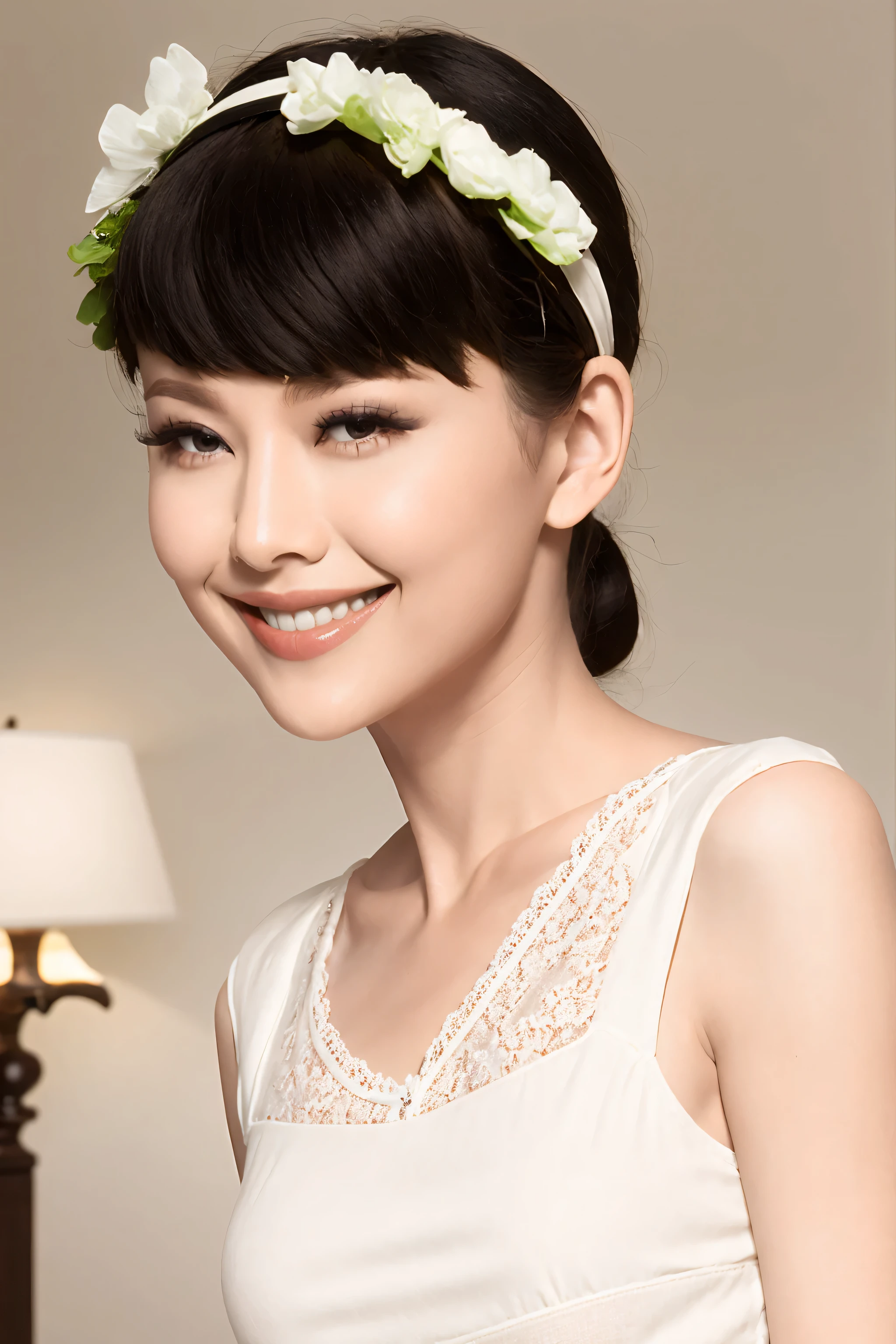 fashion model 20 years old [[[[close up]]]], [[[[neck]]]], [[[[Shoulder]]]], perfect eyes, perfect iris，perfect lips，perfect teeth，Perfect skin，White skin，Soft headlight，High Density Imaging Review，long black hair，（Face is clear and delicate），((white lace underwear))，((Sexy))，(((charming smile)))，((The background is the bedroom))，((Deluxe king bed))，best quality，masterpiece，（pastel colors：1.2）