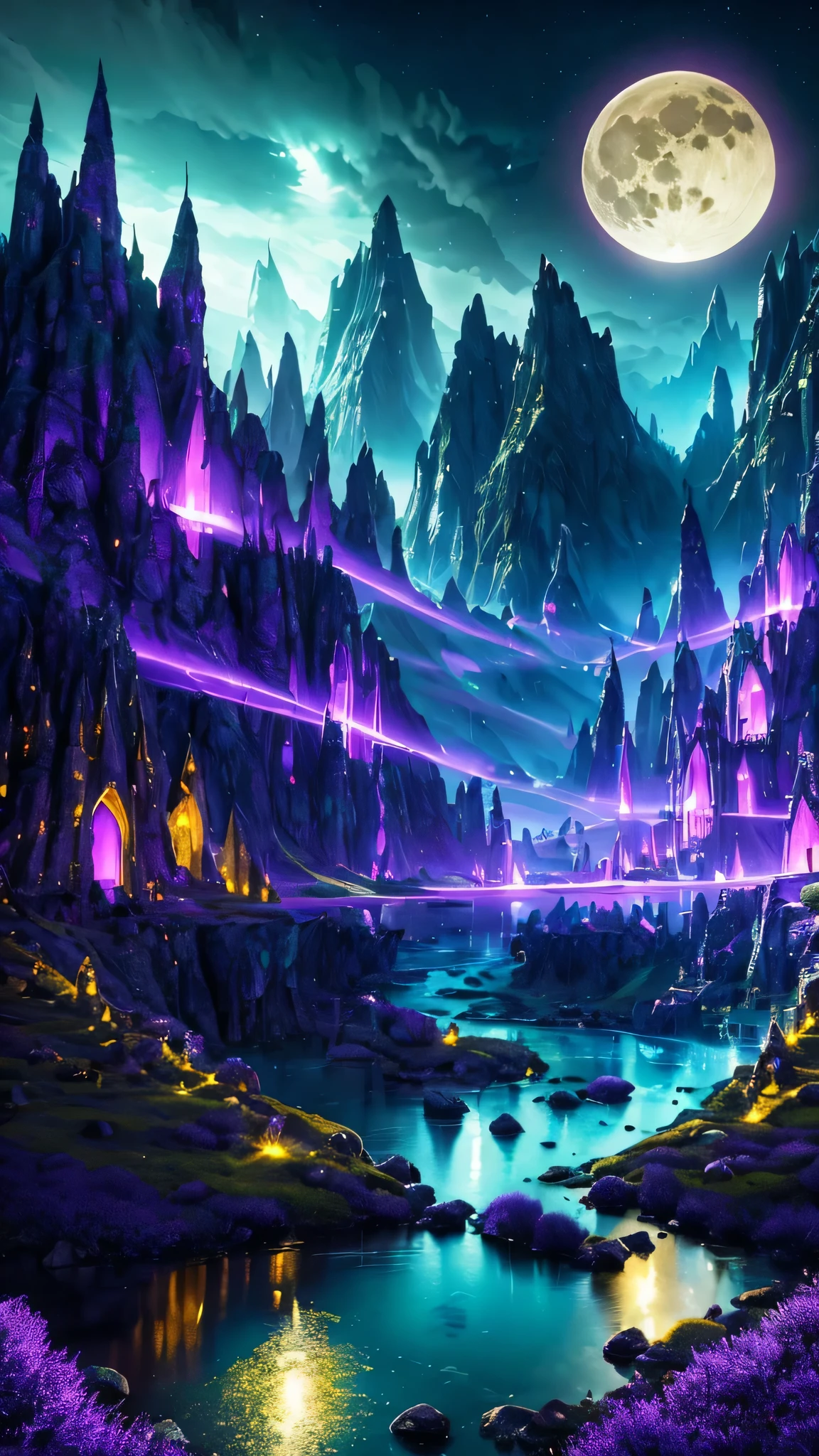 A fantastic and fantastic landscape spreads out where the side mountains are divided in half by a ditch., Surrealist landscapes, Mysterious night, bright full moon, magic light , neon light, magic of light, mysterious knight, (purple lights,green, yellow), professional photos,(masterpiece),(surreal),(Super detailed),(better quality),(perfect symmetry:1.3)