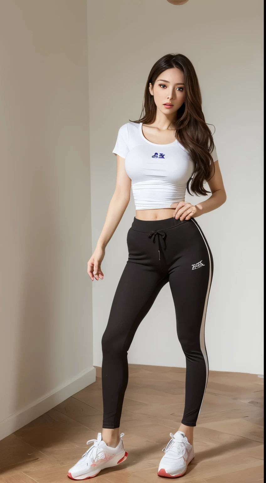 ((best quality, 8k, masterpiece :1.5)), whole body, long legs, sharp focus :1.2, beautiful woman，Perfect body :1.4, abdominal muscles :1.2, ((dark brown layered hair, big breasts :1.2)), (White loose T-shirt, leggings, Permanently installed:1.2), ((blank room)), Highly detailed facial and skin textures, delicate eyes, double eyelids，whole body描绘，远距离whole body摄影:1.4，苗条abdominal muscles：1.1，See the feet，long limbs,standing，sports shoes，facing this direction:1.0，正面whole body，See full shoes，Long sweatpants，twisted waist，long legs，Show details of shoes，see full hair