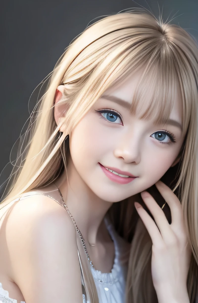 bright look, photorealism, highest quality, Super A high resolution, picture, The most beautiful photos of Nordic girls, cute and beautiful face details, small face, (smile shyly:1.4), (Pueros face_v1:0.008), beautiful bangs, alice in wonderland, beautiful like a fairy, , White and shiny skin, Pigtails, Bangs that extend to the face, by bangs, hair between eyes, super long hair, Attractive, silky, super long platinum blonde hair, thin hair, Charming shining beauty bright clear light blue big eyes, (big round eyes, droopy eyes:1.4), school uniform, eyeliner, double eyelid, crisp chest, from the waist up,