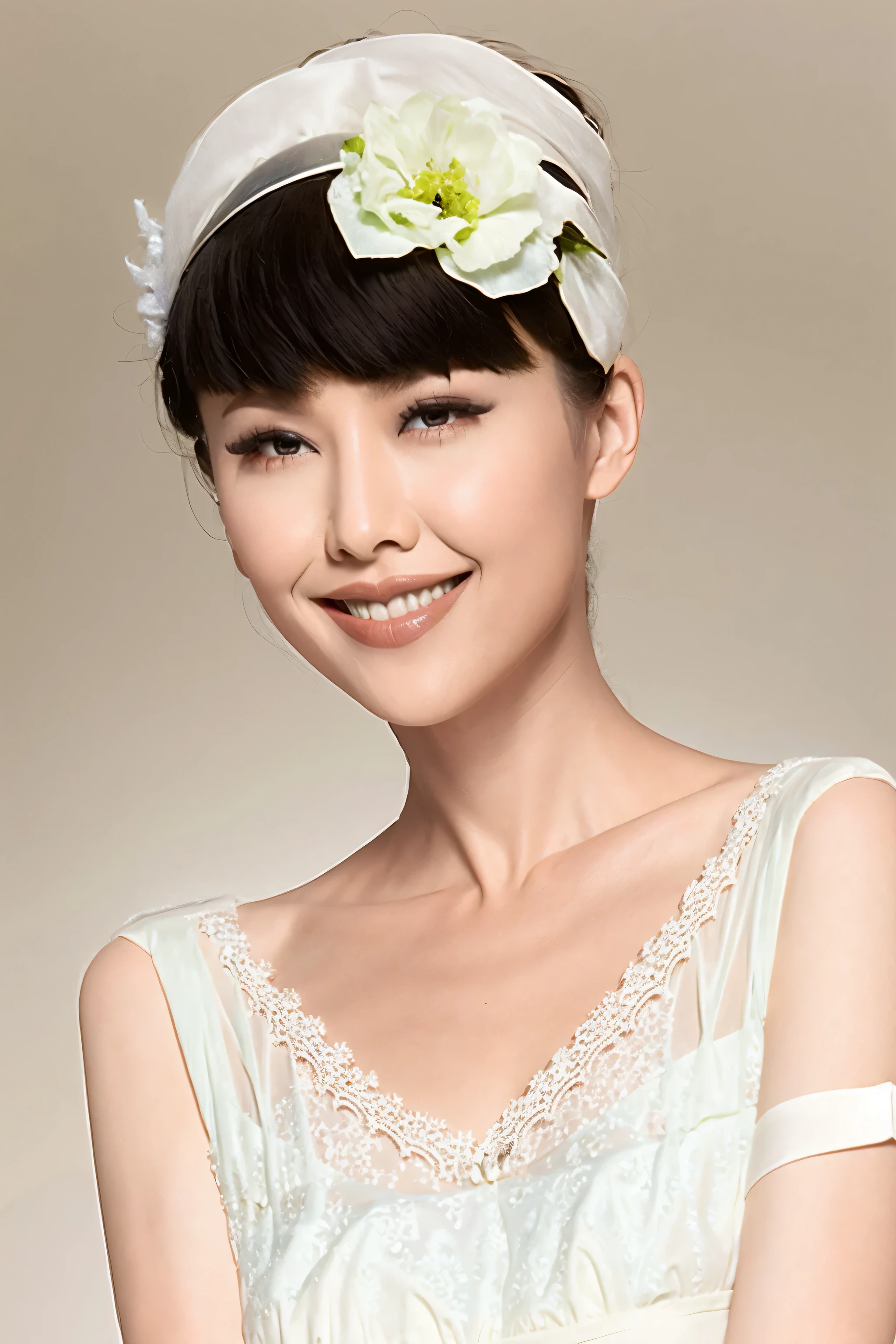 fashion model 20 years old [[[[close up]]]], [[[[neck]]]], [[[[Shoulder]]]], perfect eyes, perfect iris，perfect lips，perfect teeth，Perfect skin，White skin，Soft headlight，High Density Imaging Review，long black hair，（Face is clear and delicate），((white lace underwear))，((Sexy))，(((charming smile)))，((The background is the bedroom))，((Deluxe king bed))，best quality，masterpiece，（pastel colors：1.2）