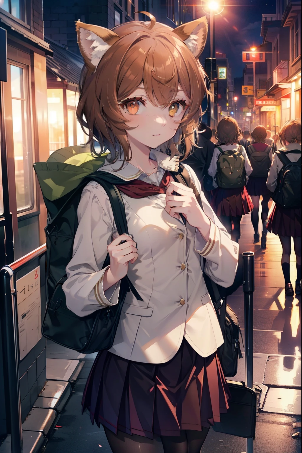 Lililukarde, Liliruka gets burned, animal ears, (brown eyes:1.7), brown hair, (small breasts:1.2), short hair,school uniform, uniform, blazer, shirt, white shirt, collared shirt, skirt, pleated skirt,black pantyhose,brown loafers,student bag,On the way home from school,evening,夕陽
break looking at viewer,
break outdoors, city,building street,
break (masterpiece:1.2), highest quality, High resolution, unity 8k wallpaper, (figure:0.8), (detailed and beautiful eyes:1.6), highly detailed face, perfect lighting, Very detailed CG, (perfect hands, perfect anatomy),