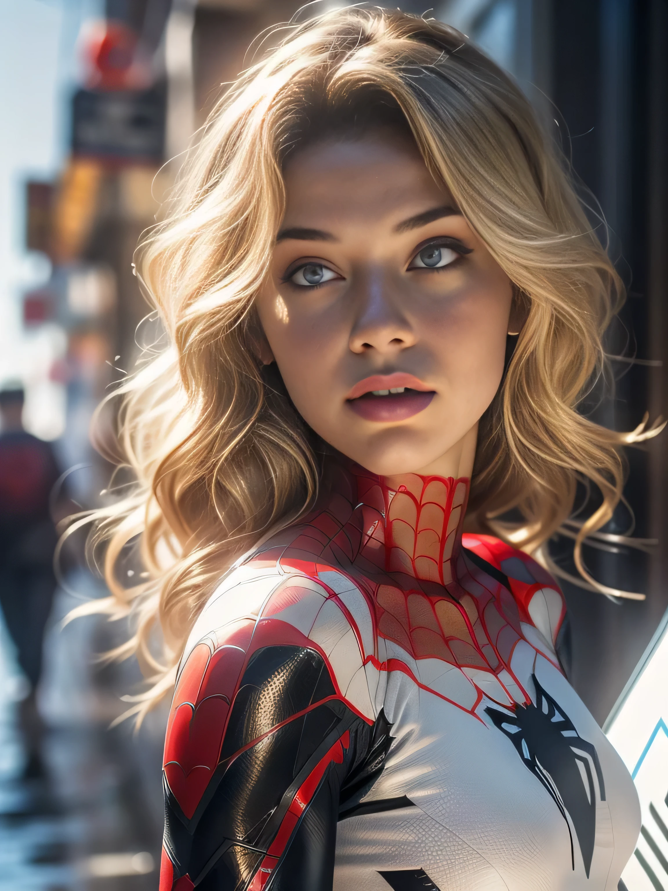 18yo Girl,White Spider-Man suit,short and wavy hair,blondehair,beautifulface,lluvia,teto,The Masterpiece,exquisite detailing,Perfect anatomy,best qulity,ultra-highresolution,4k