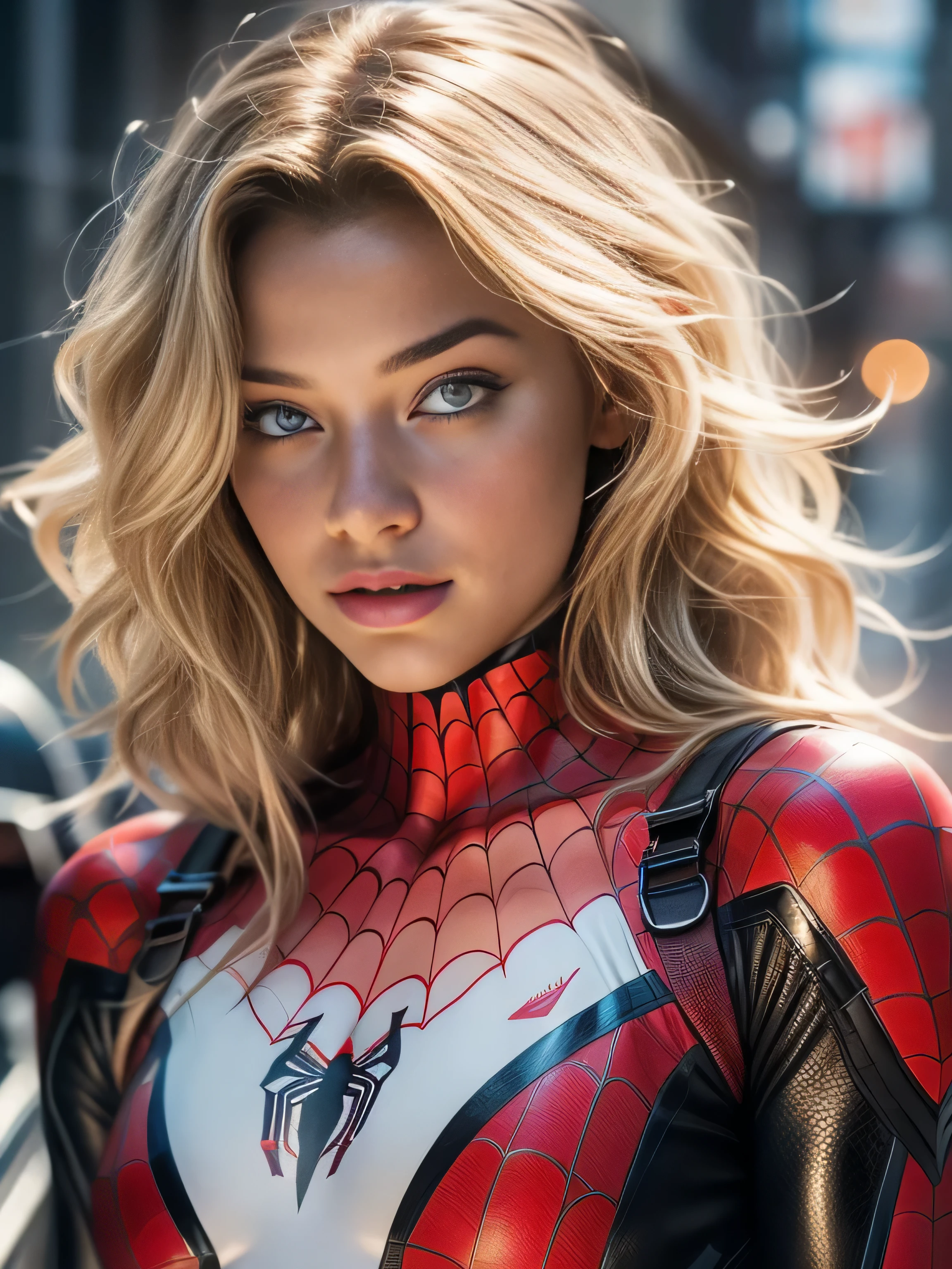 18yo Girl，White Spider-Man suit，short and wavy hair，blondehair，beautifulface，lluvia，teto，The Masterpiece，exquisite detailing，Perfect anatomy，best qulity，ultra-highresolution，4k
