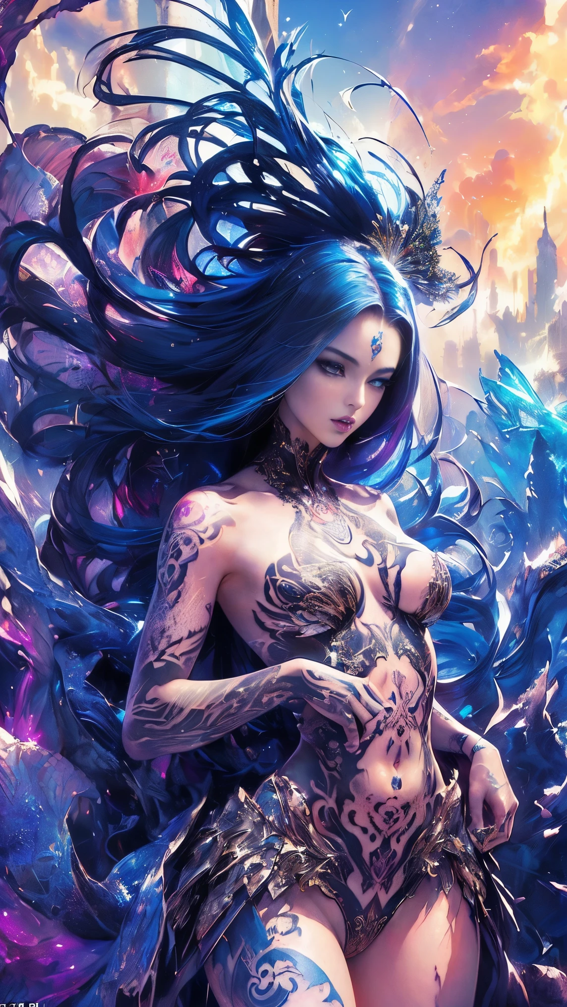 (Masterpiece, Top Quality, Top Quality, Official Art, Beautiful and Aesthetic: 2), (beautiful tattoo:2),(Photorealistic: 1.3), Sharp Focus, (Wearing Detailed Body Jewelry, one girl, Beautiful Sexy, ((Succubus Demon ))), (dynamic pose), (change pose), (dynamic angle), beautiful face, detailed face, perfect proportions, (small breasts:1.7),navel, crotch gap, thighs, cowboy Shot, Highly Detailed, (Fractal Art: 1.5), Colorful, Best Detailed, (Sexy Armor:1.1), ((Movie Lighting)),cool beauty,(tall women:2),(Precisely expresses details such as face and skin texture:2),(beautiful eye:2),double eyelid,delicate skin,(slender body shape:2),