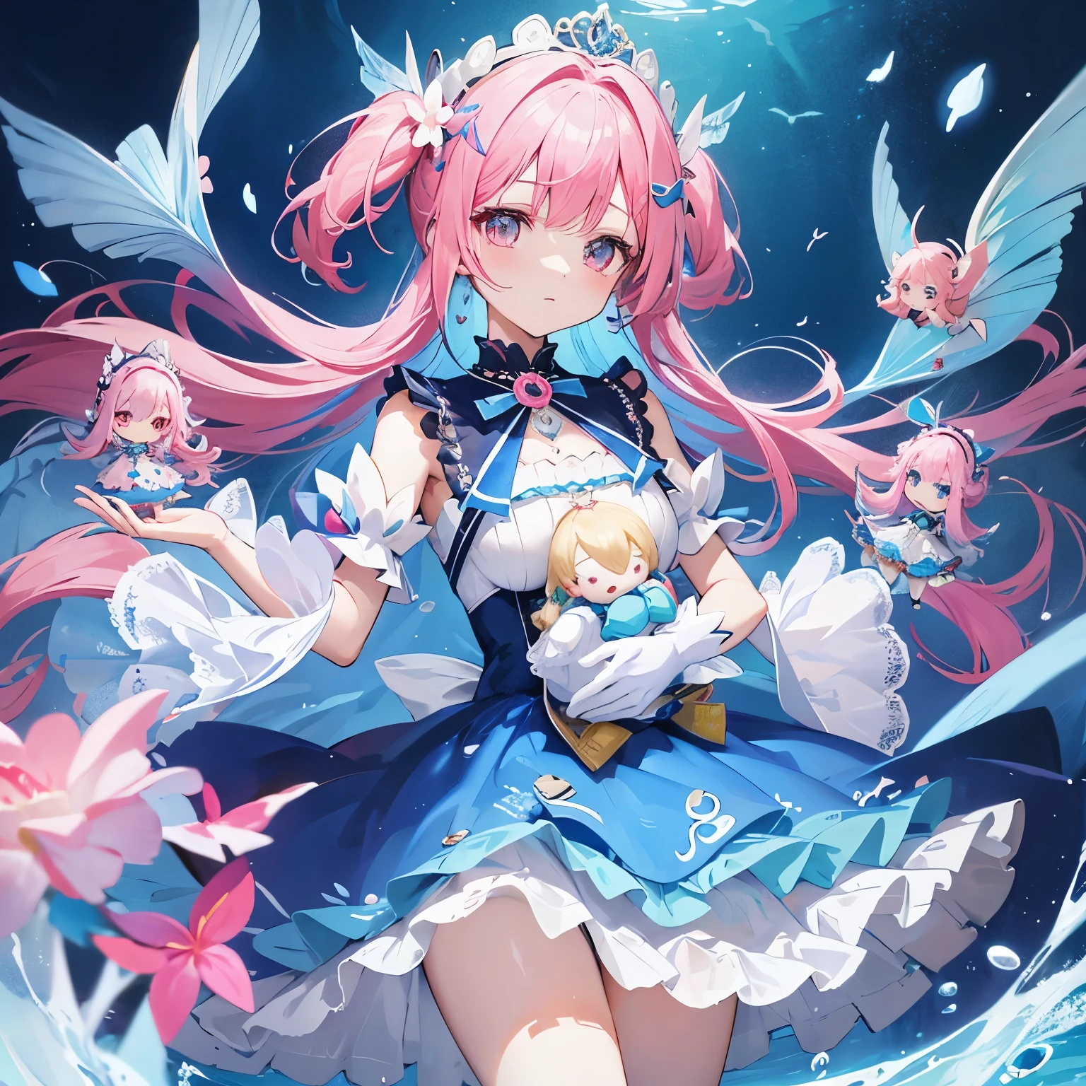 Fluttery dress with doll motif、lots of races、Fish feeling、blue and pink dress、pink hair、Pearl hair ornament、pearl、Dresses with a lot of decoration、fish image dress、in water、coral reef、postpartum hair accessories、Swaying Dresses、lace gloves、excessive decoration