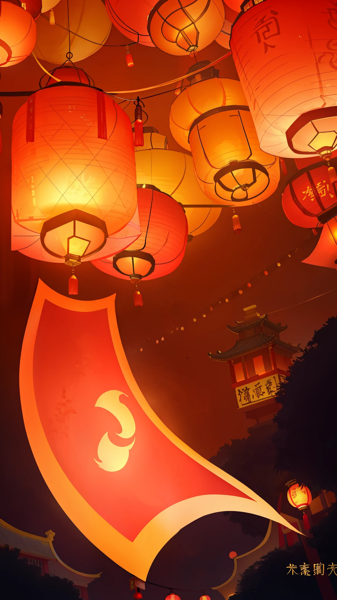chinese lanterns, lanterns, glowing lanterns, Luminous lamp! number, street lanterns are shining, kongming lanterns in the sky, background artwork, street lanterns glow, lantern light, lantern, yellow lanterns, red lanterns, colorful lanterns, evening lanterns, A beautiful artistic illustration, Chinese watercolor style