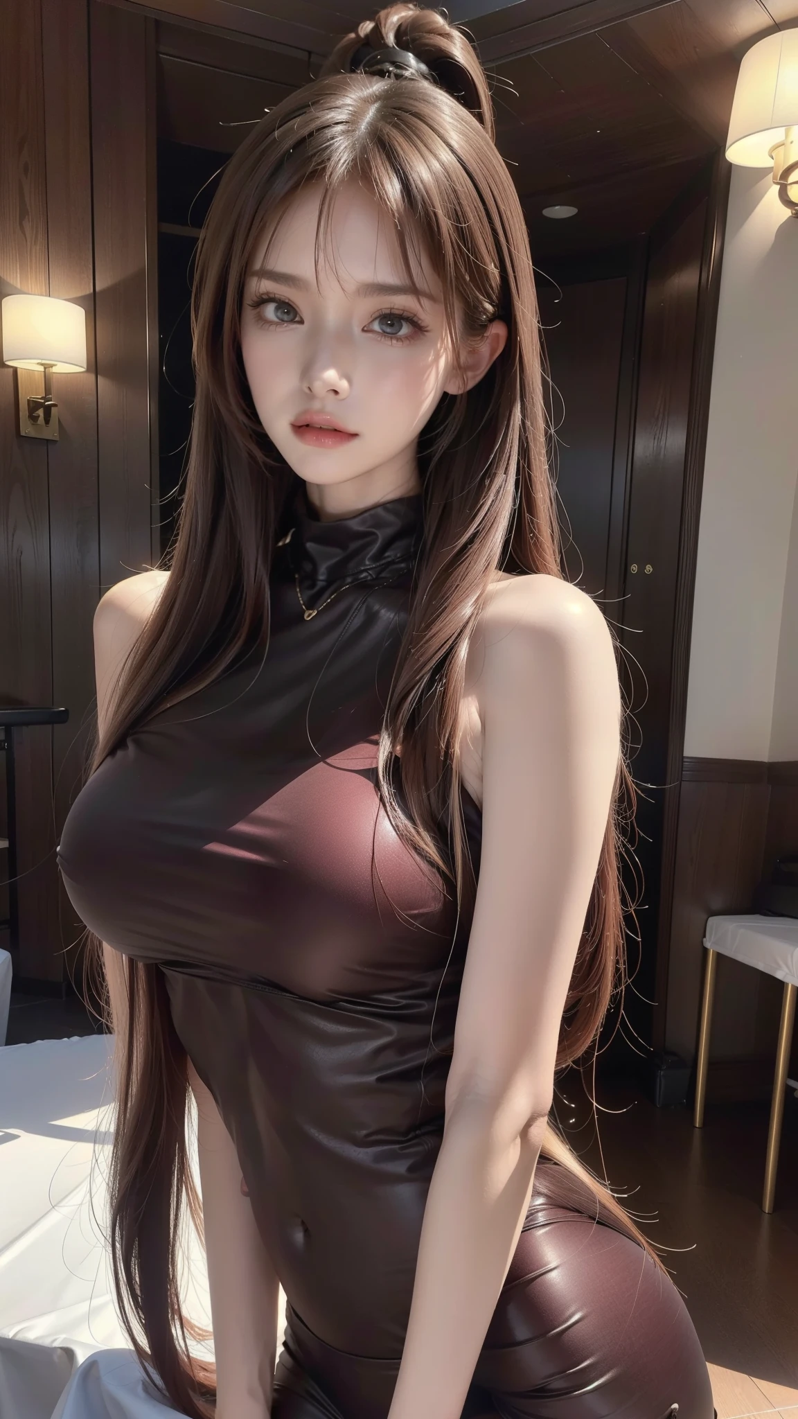 Stretching exercises,(Scenes,fantasy art,Highest image quality,hyperrealistic portrait,(8k),surreal,best quality,high quality,HD,High quality texture,high detail,Beautiful detailed,fine detail,Extremely detailed CG,Detailed texture,True representation of face,on the table,present,Dynamic,bold),1 gil,Super fine skin,curve,,beautiful breasts,big breasts,pale skin,Pointed chest,Nipples erect,ponytail,(ultra thin hair),(super soft hair),(super straight hair),Sweep long bangs,very light copper amber hair,hair covering one eye,Gym suit